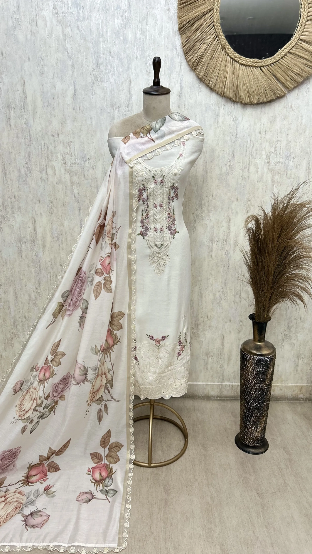 Mul Chanderi Embroidered Unstitched Suit with Floral Printed Dupatta