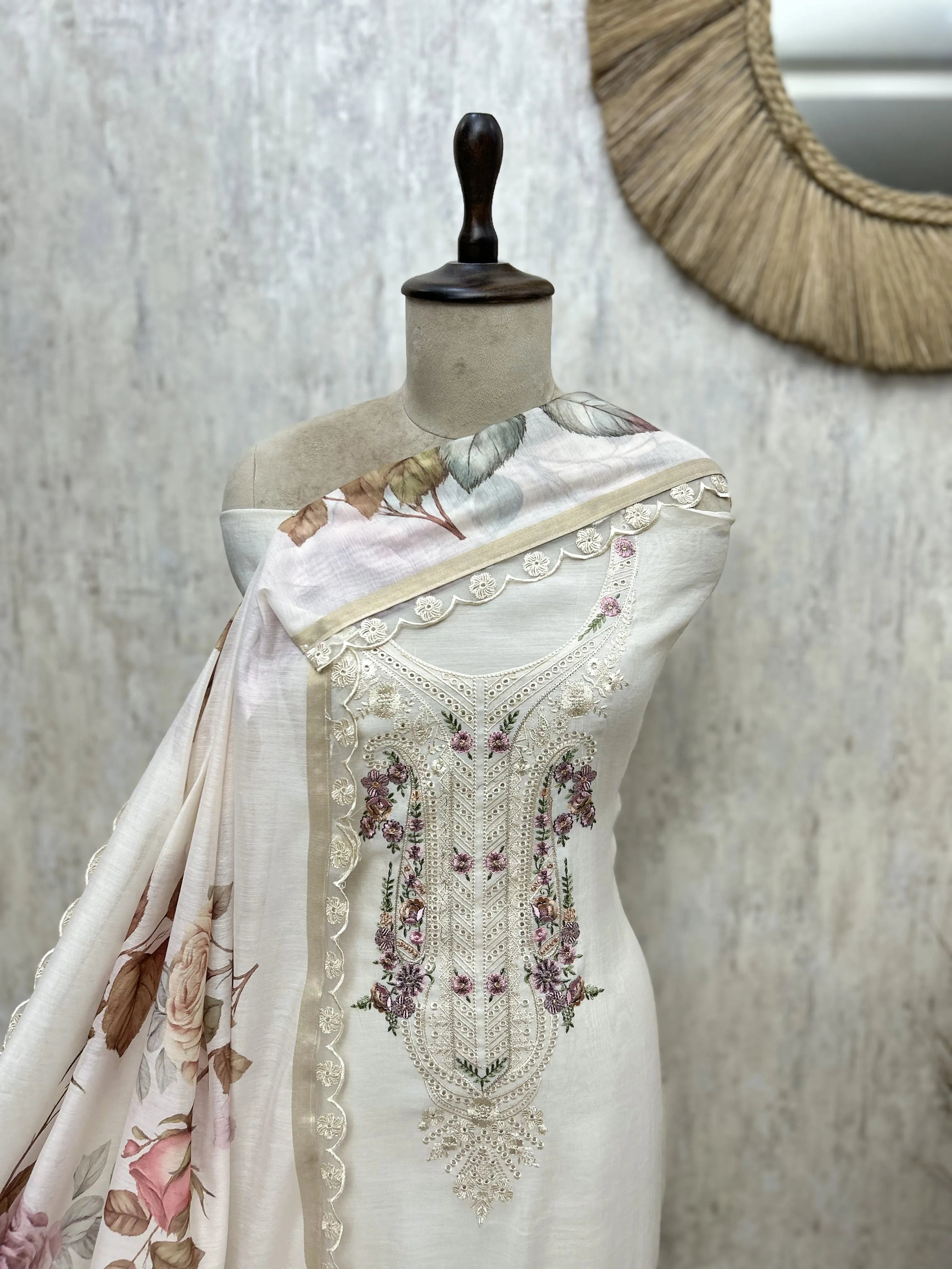 Mul Chanderi Embroidered Unstitched Suit with Floral Printed Dupatta