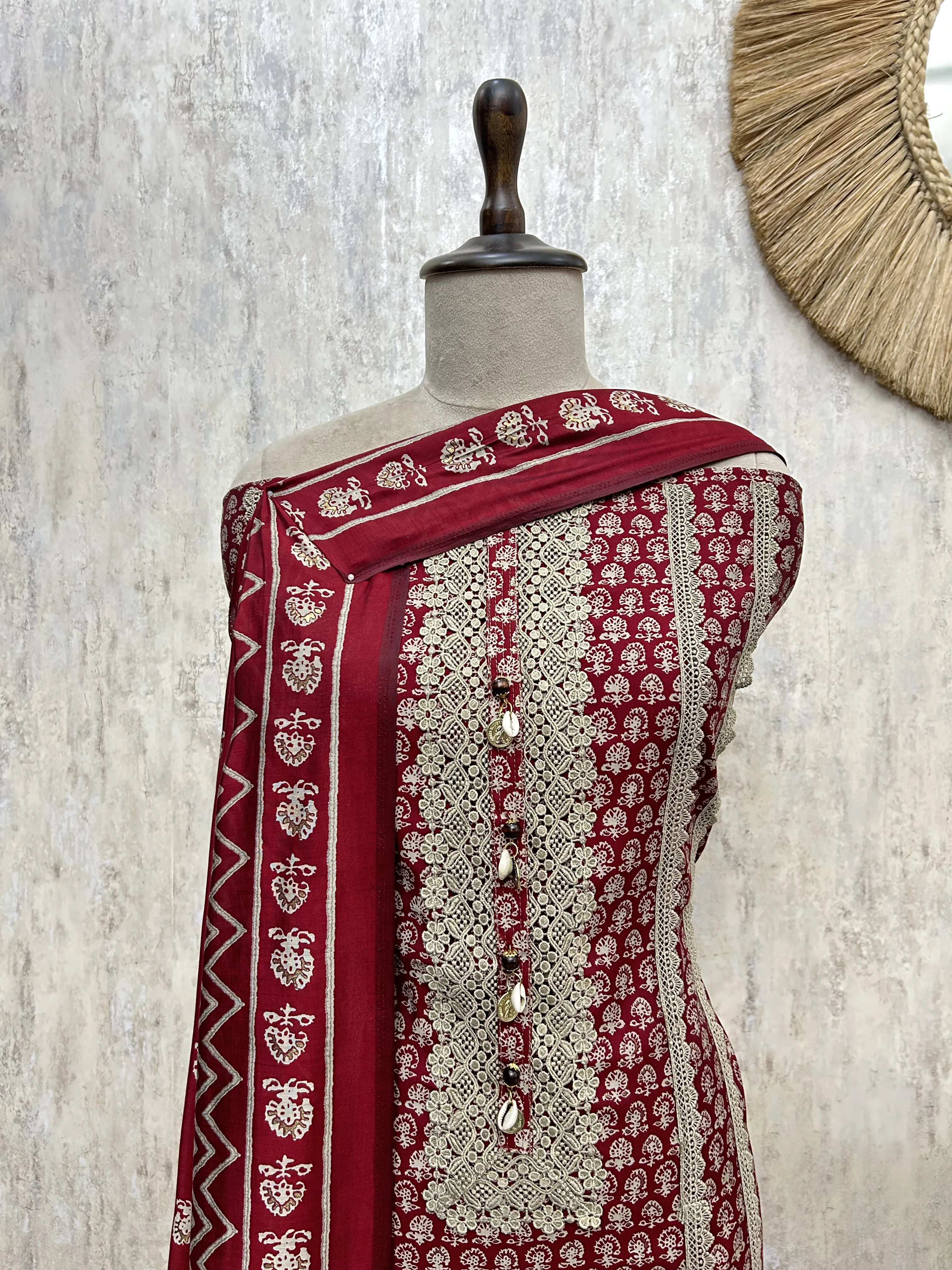 Royal Crimson Elegance Cotton Unstitched Suit