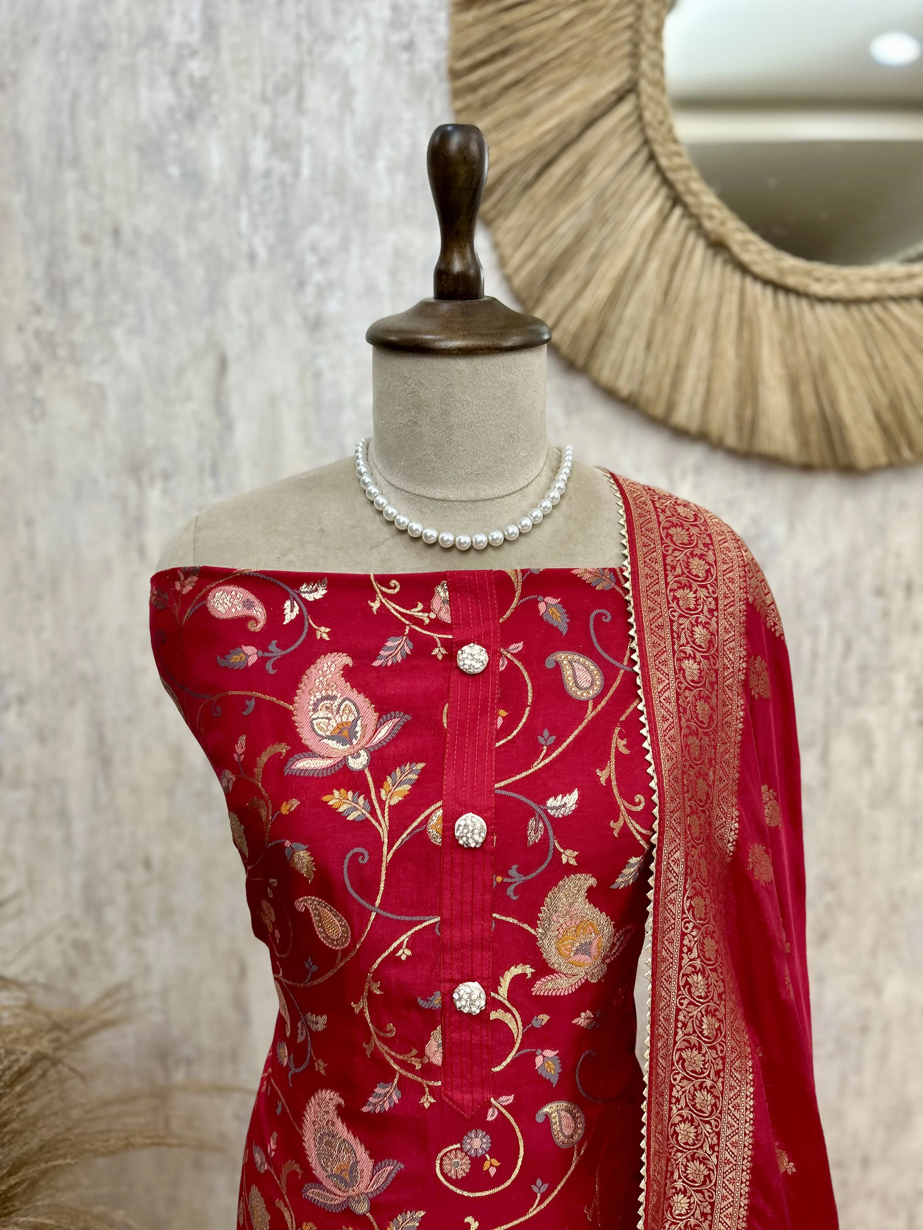 Dola Silk Unstitched Suit Set Featuring Weaving Work