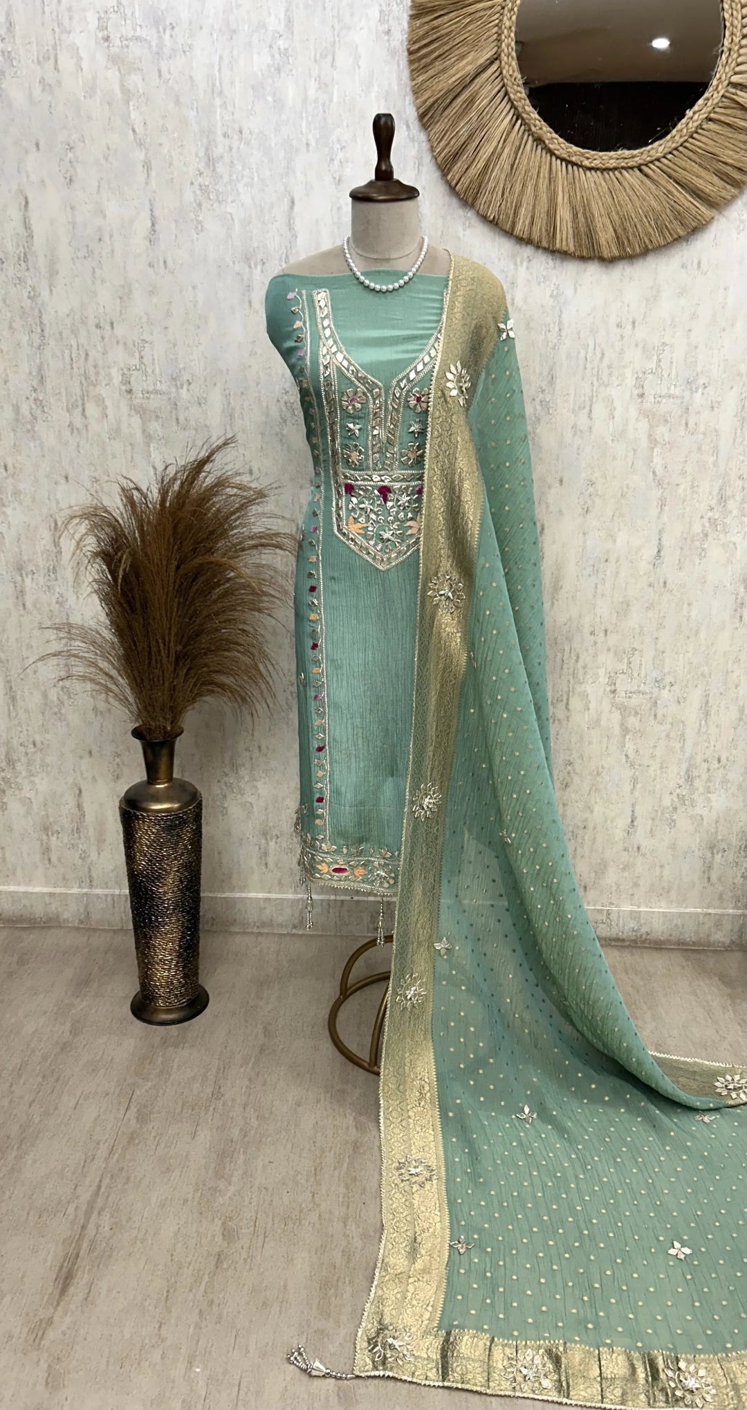 Crush Tissue Unstitched Suit Set With Crush Tissue Dupatta