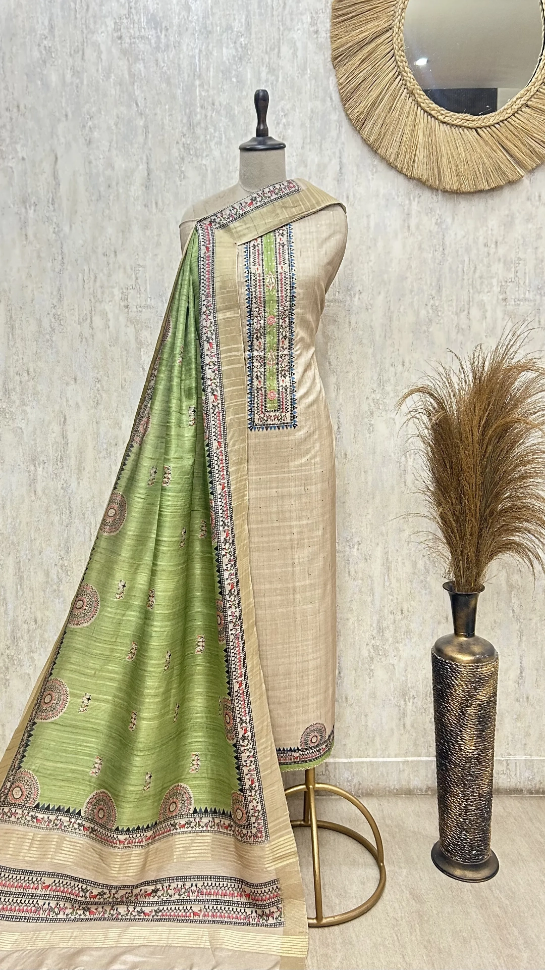 Golden Heritage Print Tussar silk Unstitched Suit