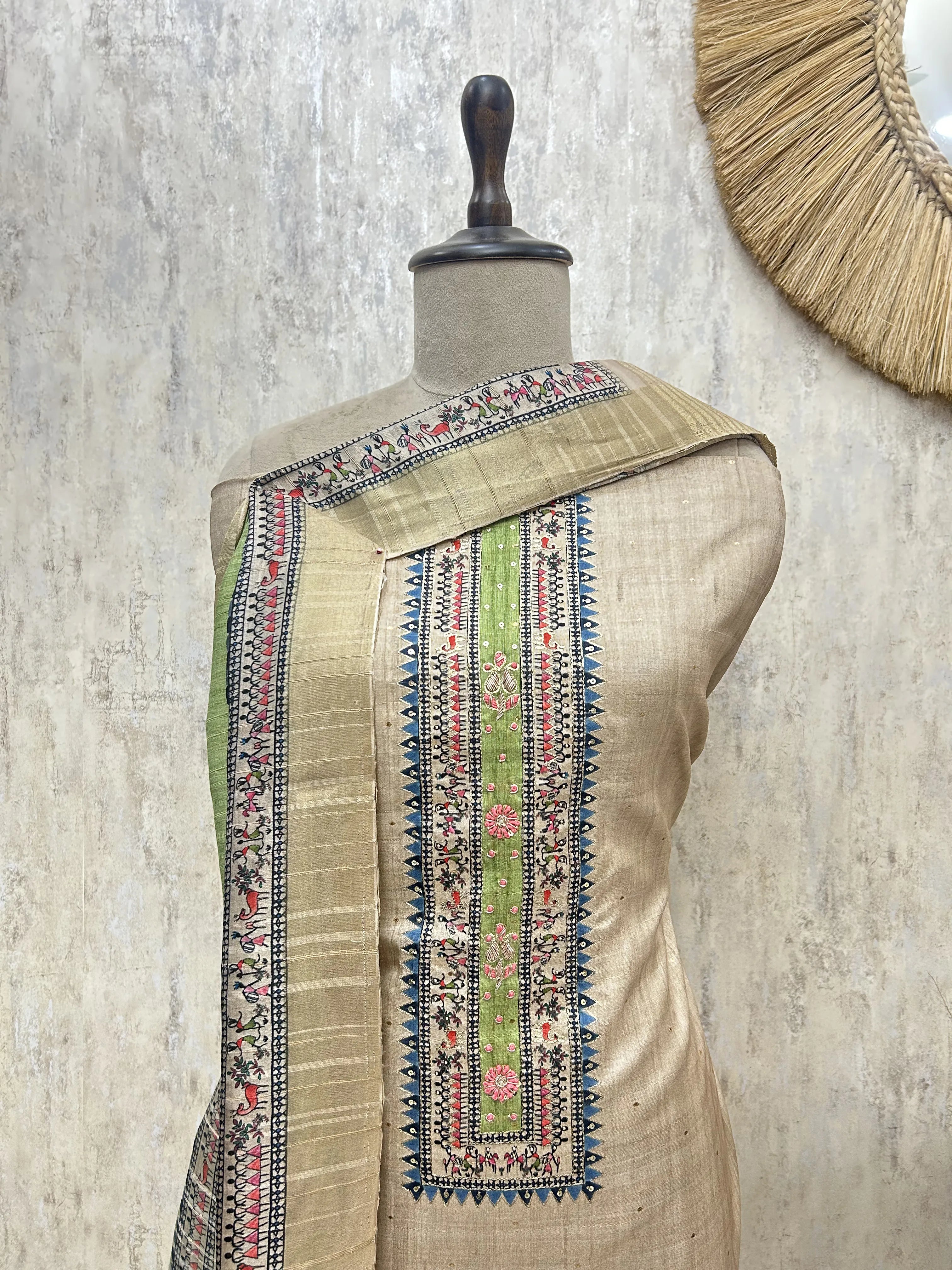 Golden Heritage Print Tussar silk Unstitched Suit