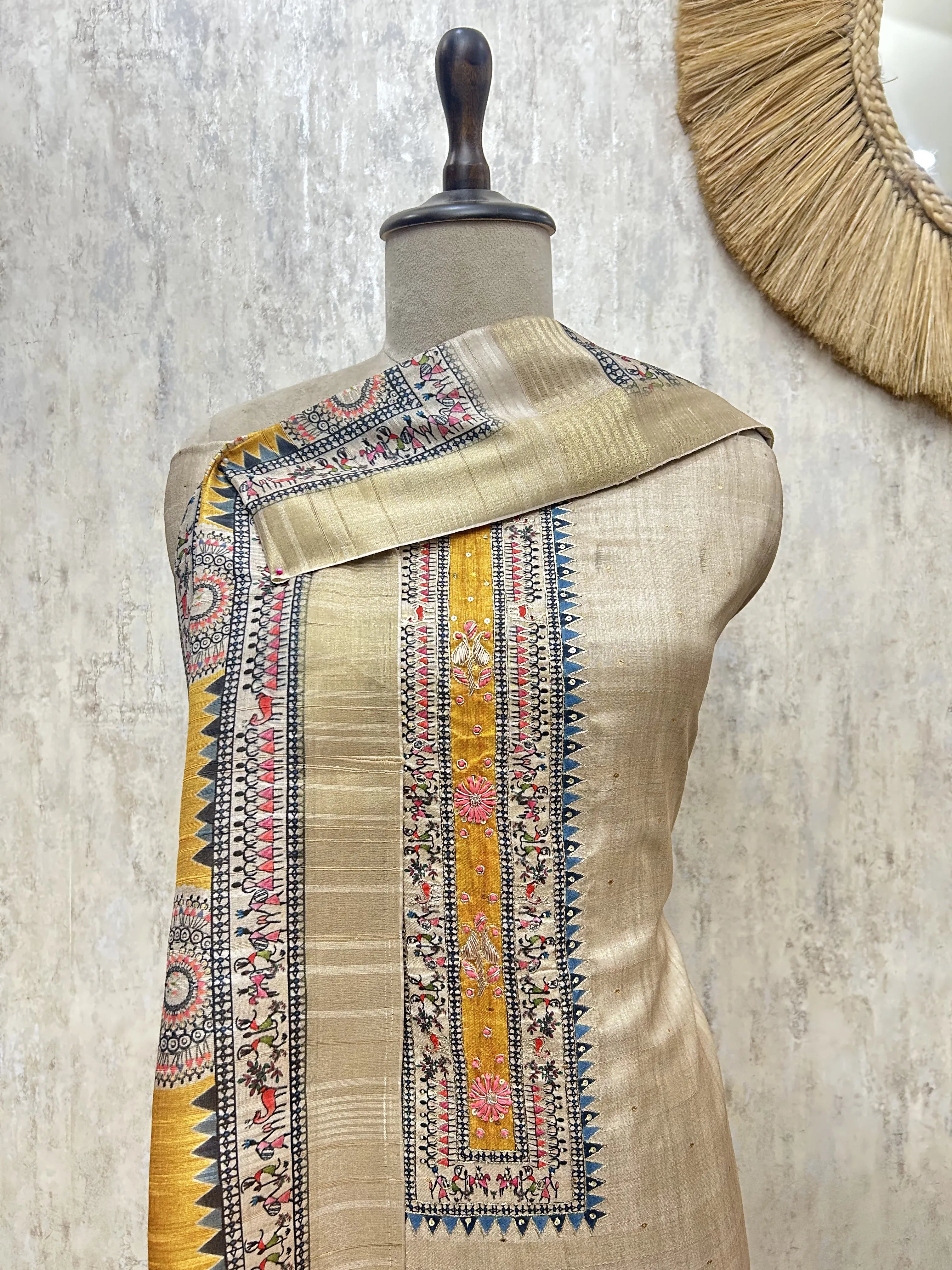 Golden Heritage Print Tussar silk Unstitched Suit