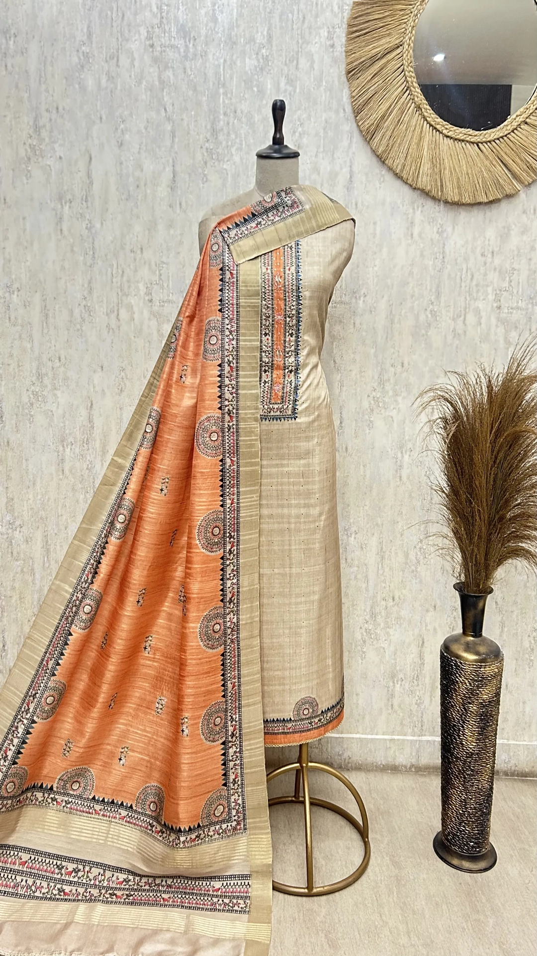 Golden Heritage Print Tussar silk Unstitched Suit