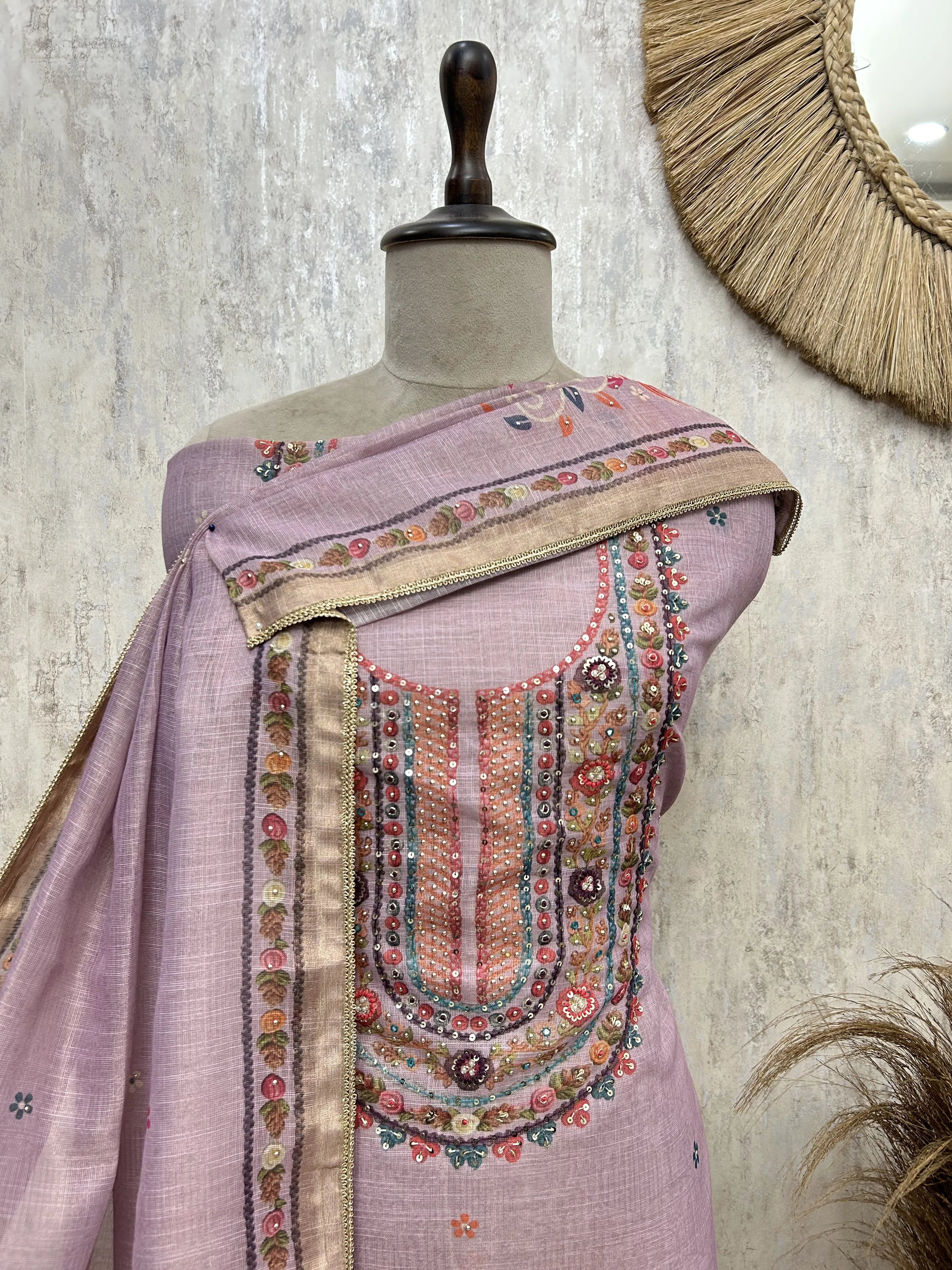 Pastel Embroidered Elegance Tissue Linen Unstitched Suit