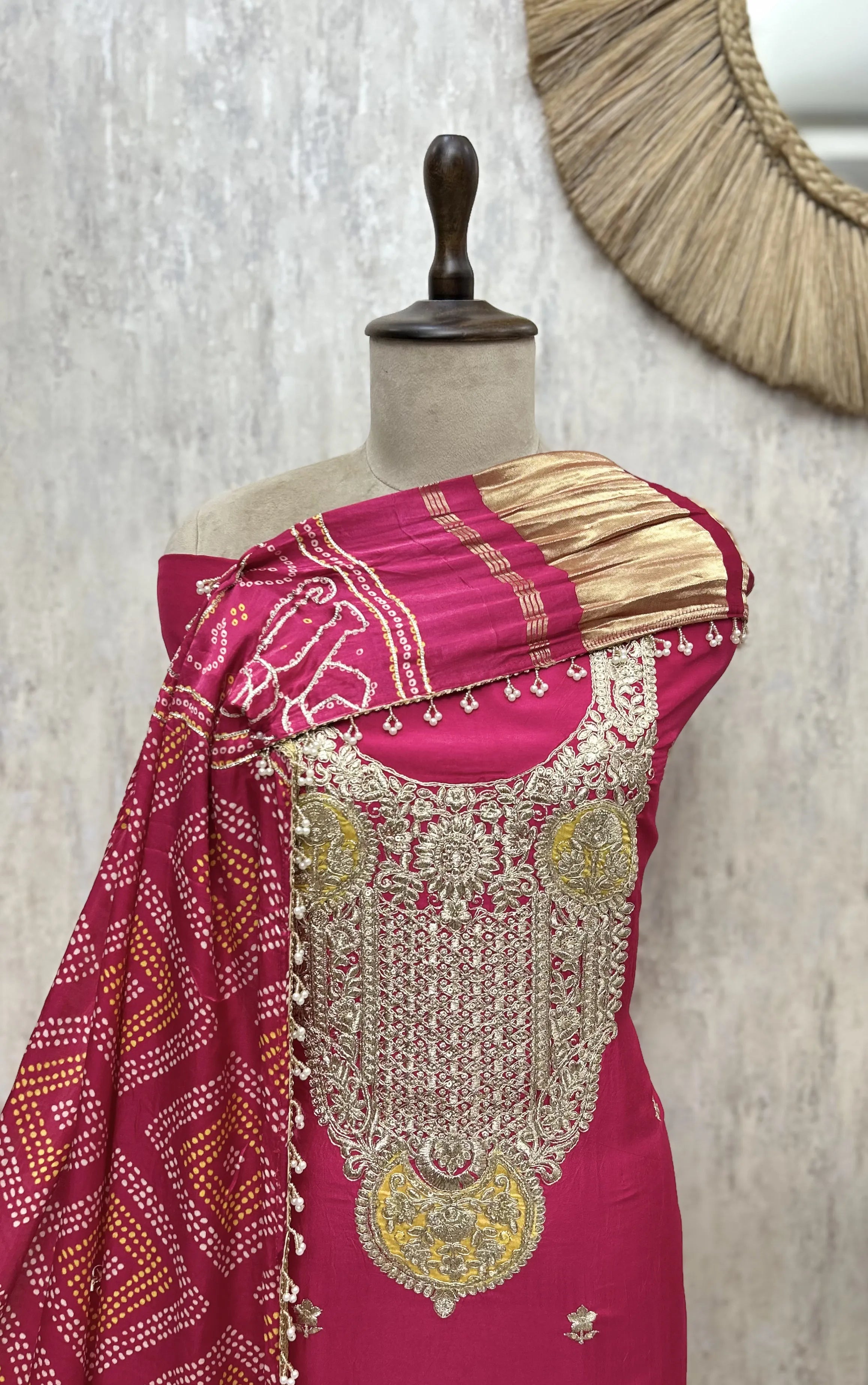 Elegant Heavy Embroidered Bandhani Russian Silk Unstitched Suit