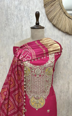 Elegant Heavy Embroidered Bandhani Russian Silk Unstitched Suit