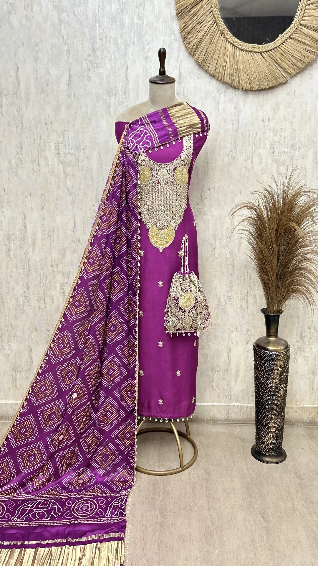 Elegant Heavy Embroidered Bandhani Russian Silk Unstitched Suit