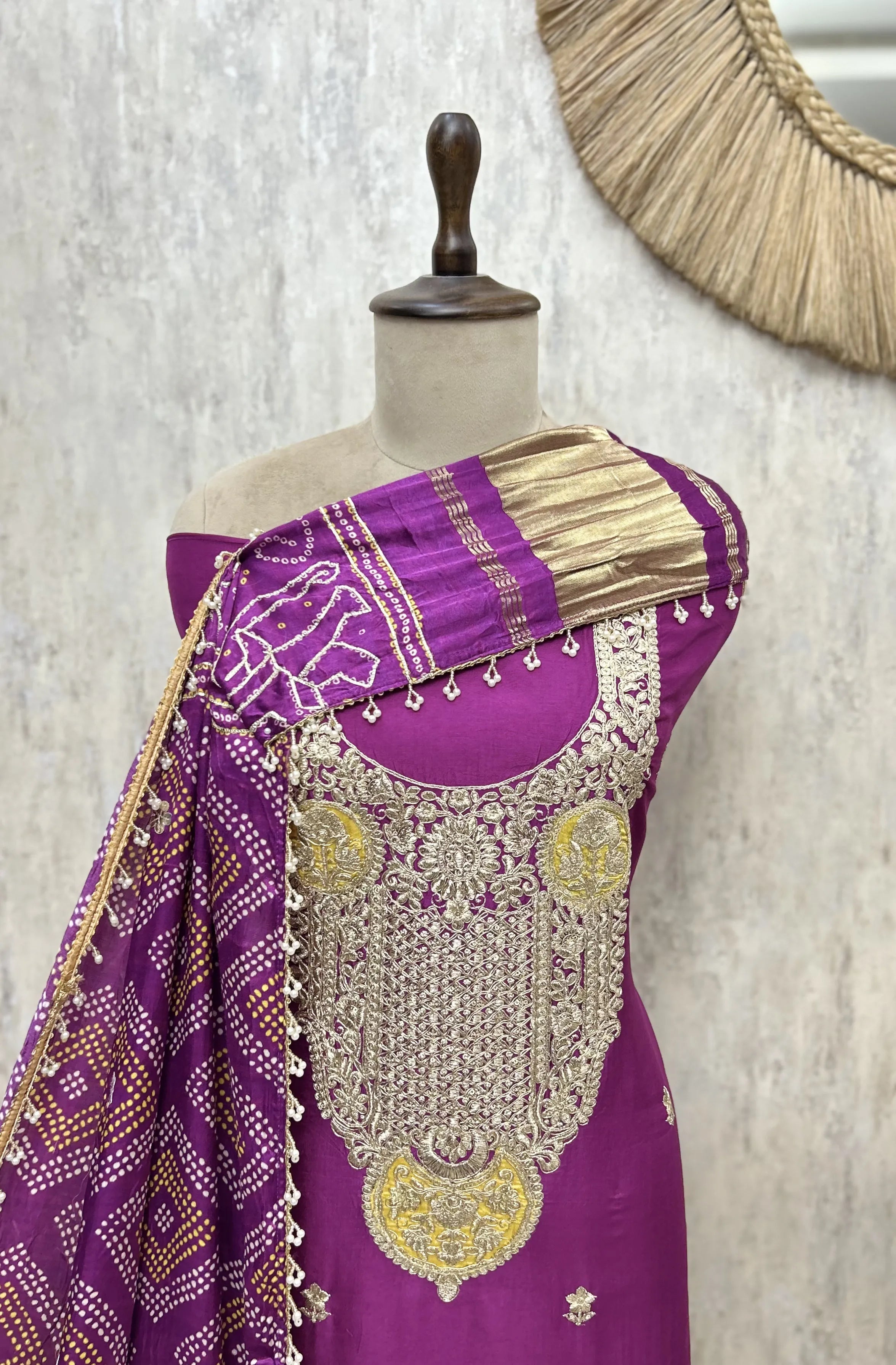 Elegant Heavy Embroidered Bandhani Russian Silk Unstitched Suit