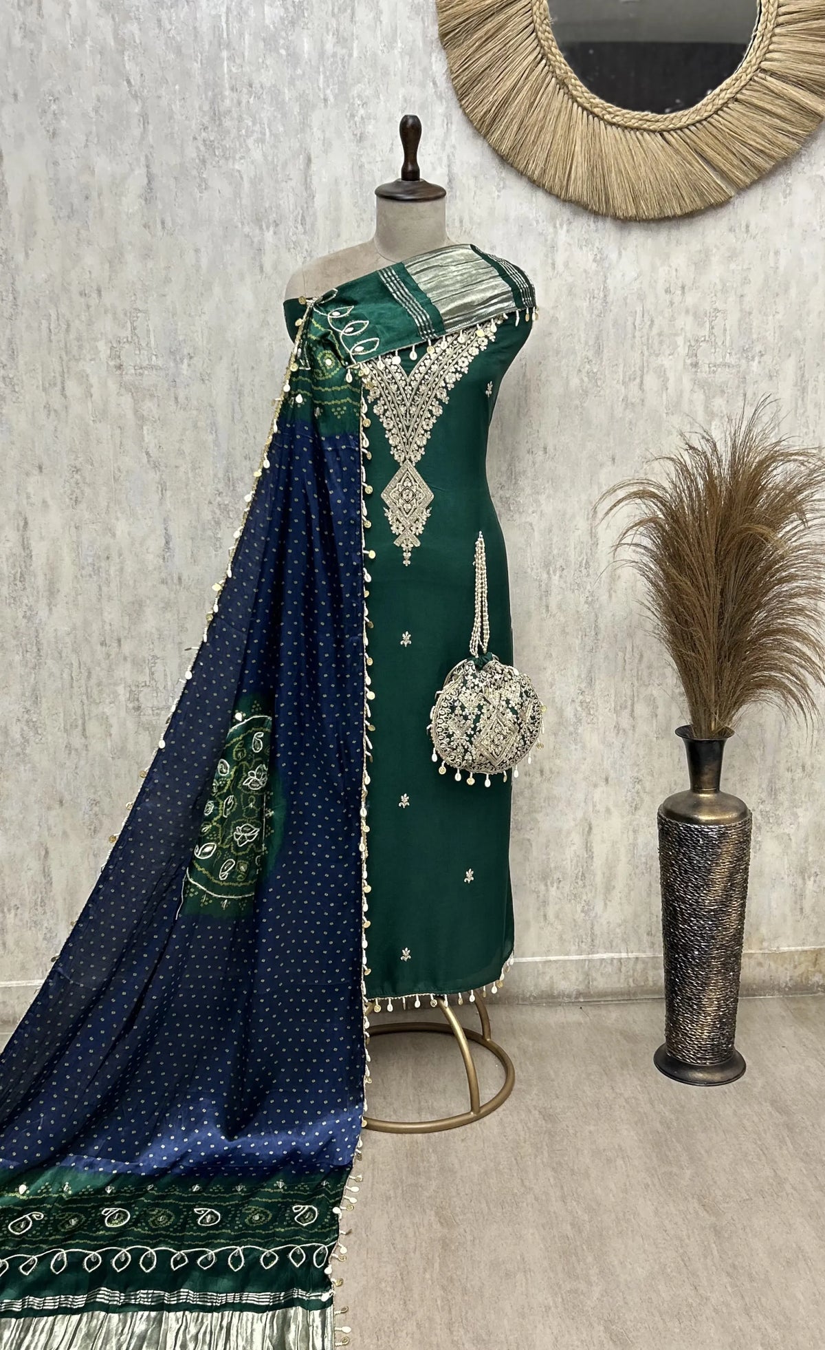 Traditional Bandhej Print Fine Embroidered Russian Silk Unstitched Suit
