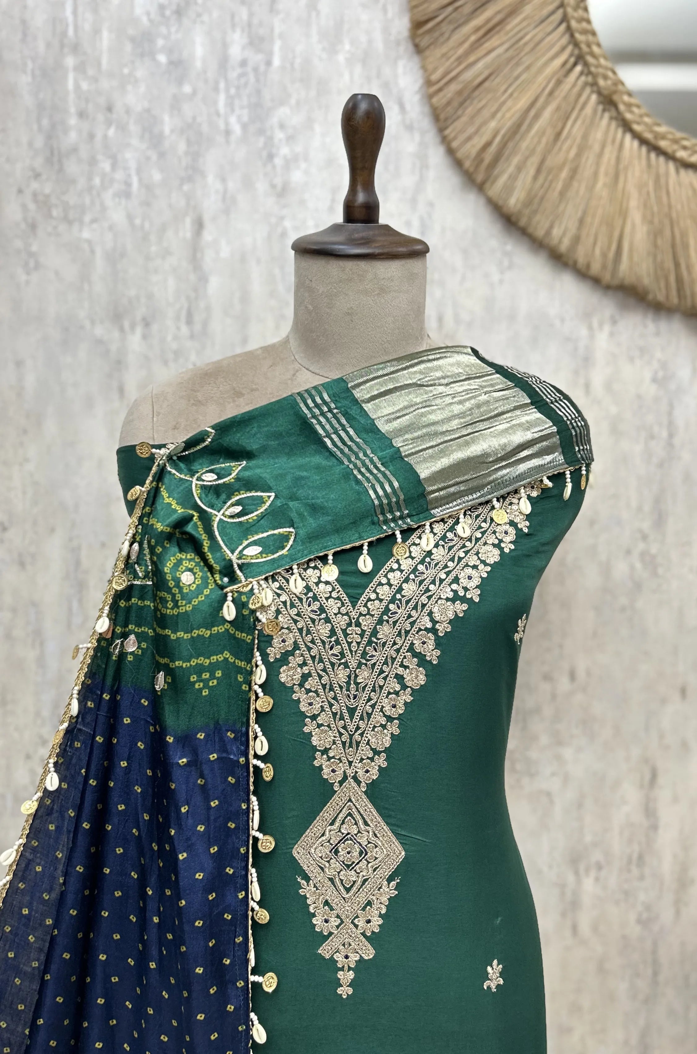 Traditional Bandhej Print Fine Embroidered Russian Silk Unstitched Suit