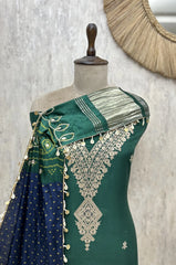 Traditional Bandhej Print Fine Embroidered Russian Silk Unstitched Suit