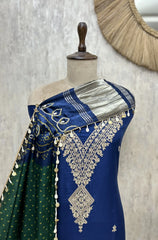 Traditional Bandhej Print Fine Embroidered Russian Silk Unstitched Suit