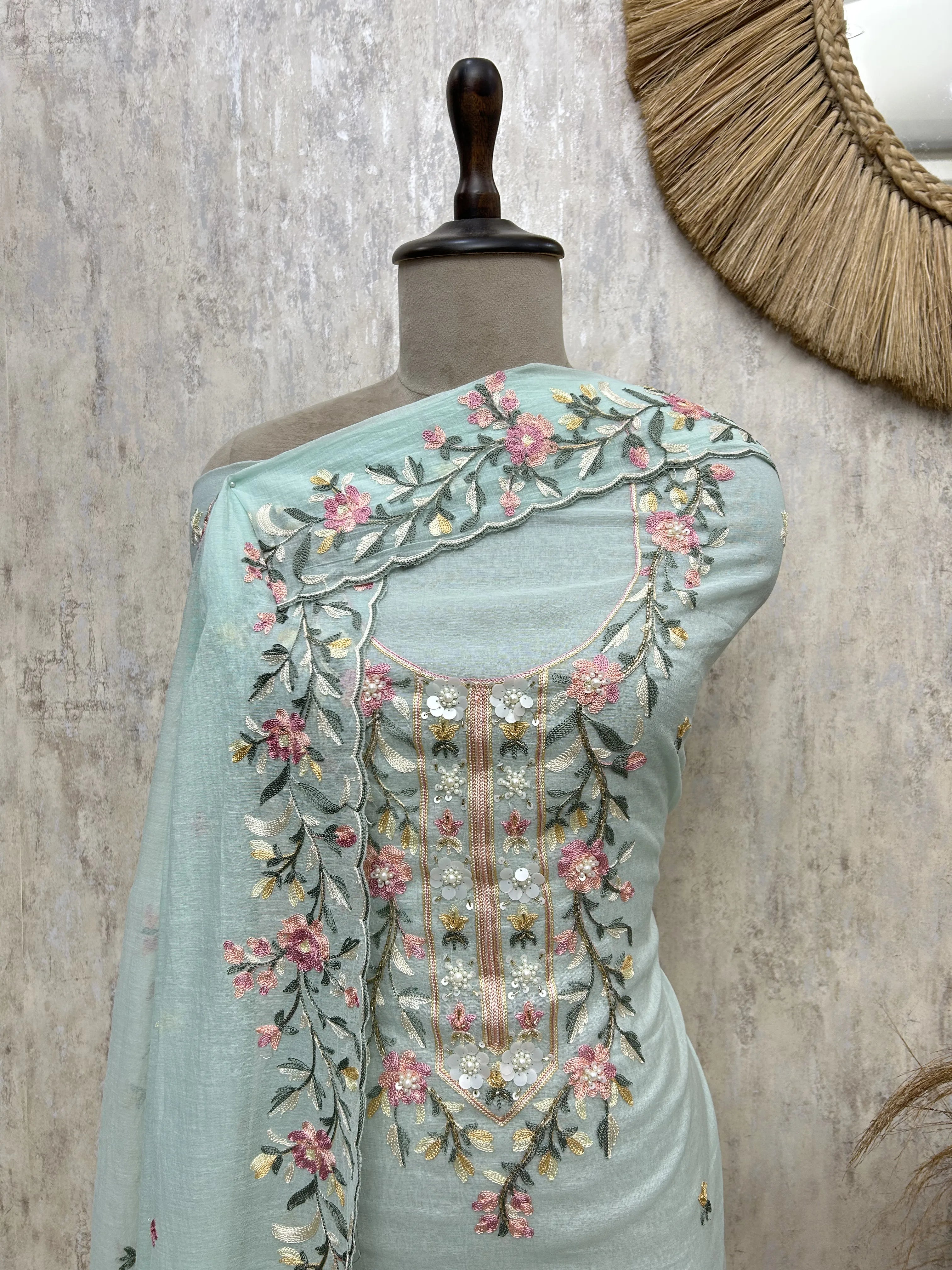 Mint Floral Elegance Mul chanderi Unstitched Suit