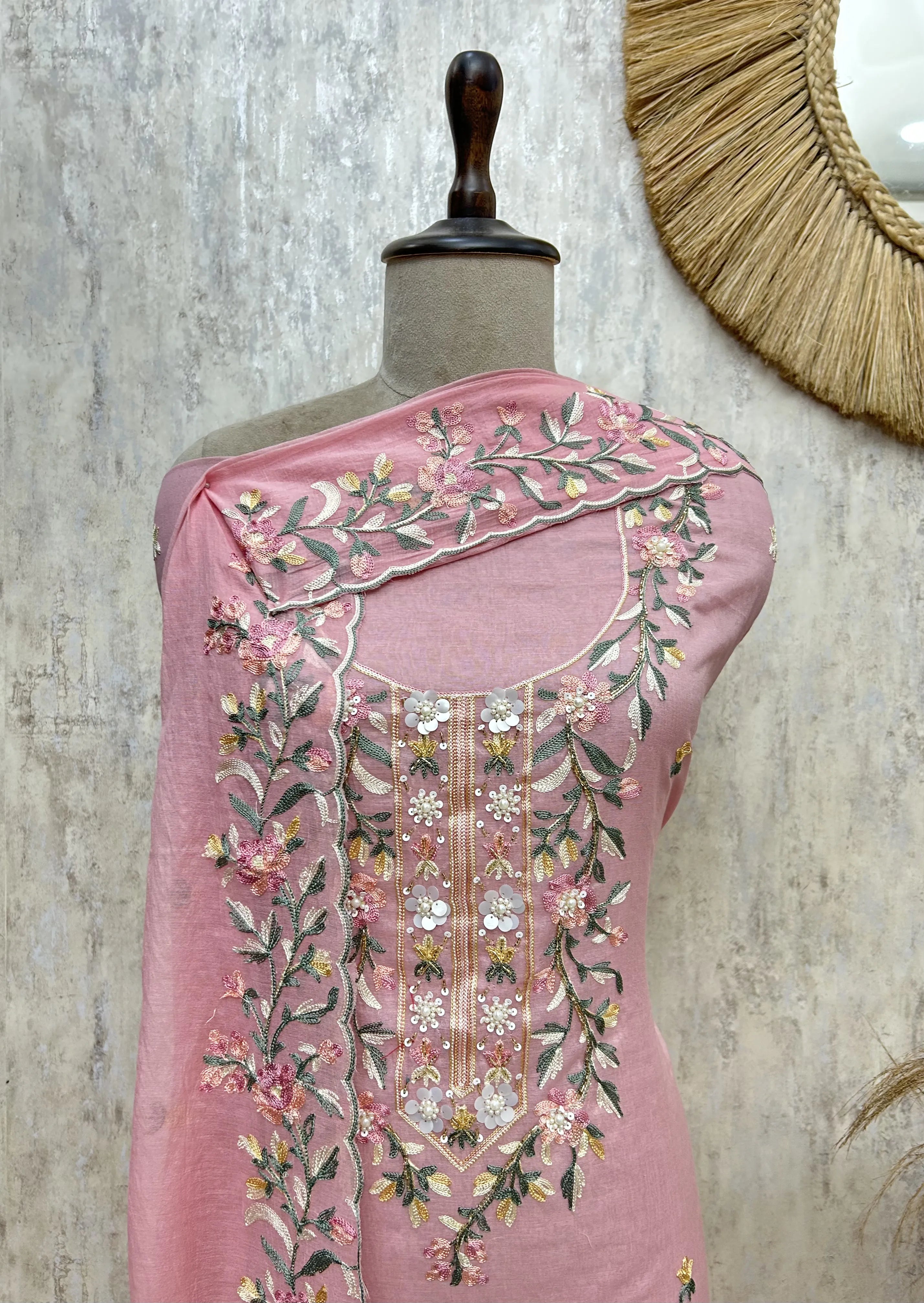 Mint Floral Elegance Mul chanderi Unstitched Suit