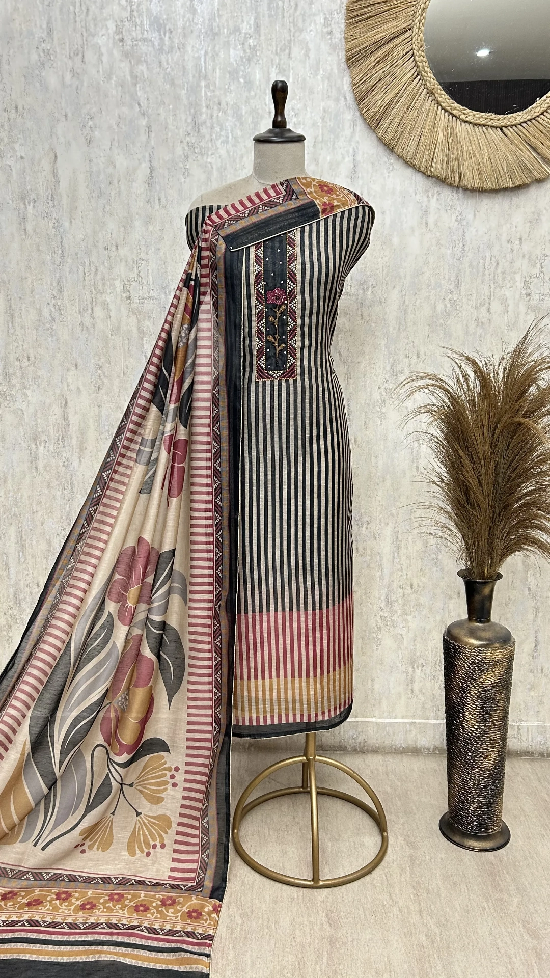 Vintage Stripe Elegance Linen Unstitched Suit