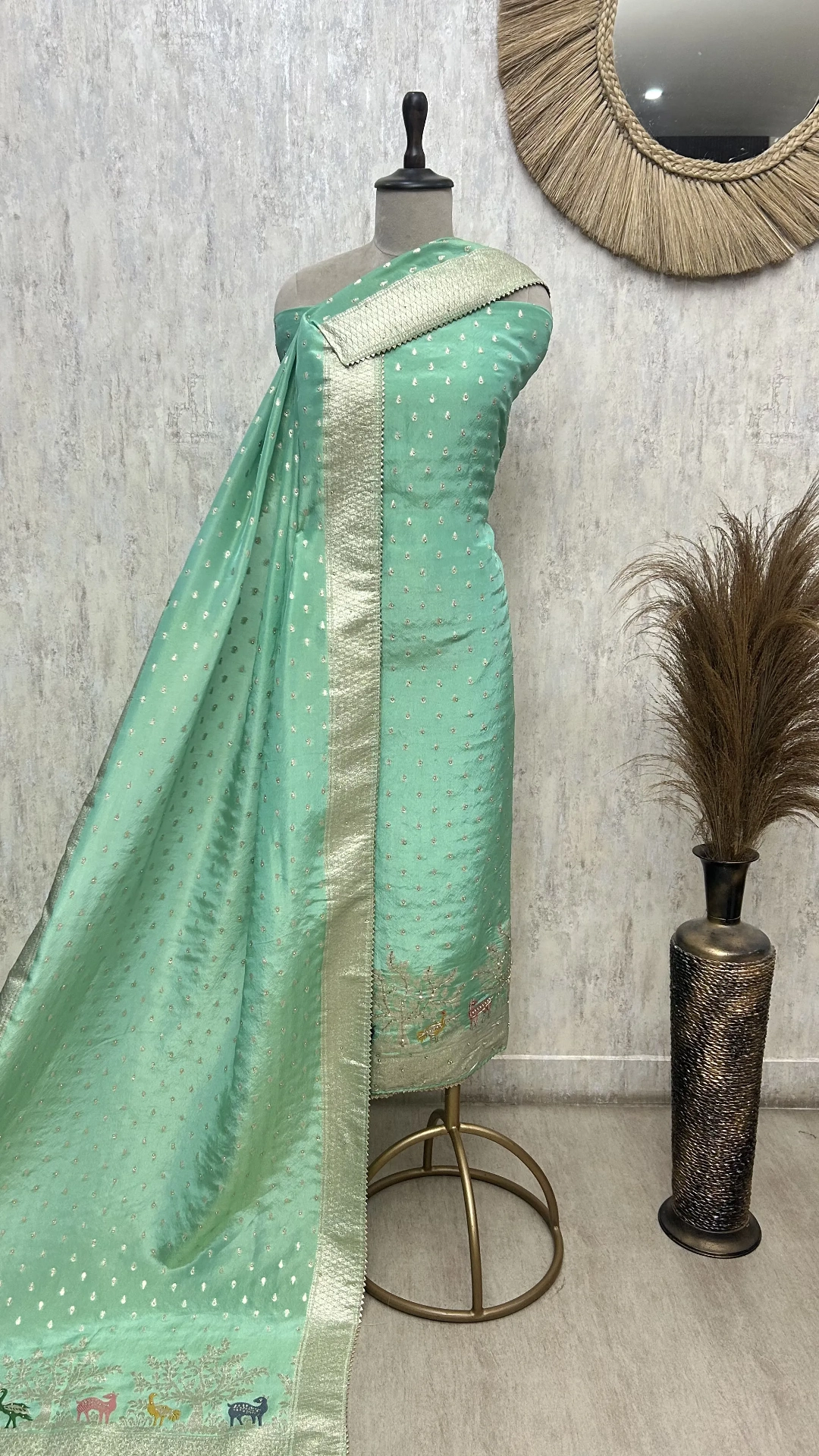 Emerald Silk Elegance Tissue Unstitched Suit