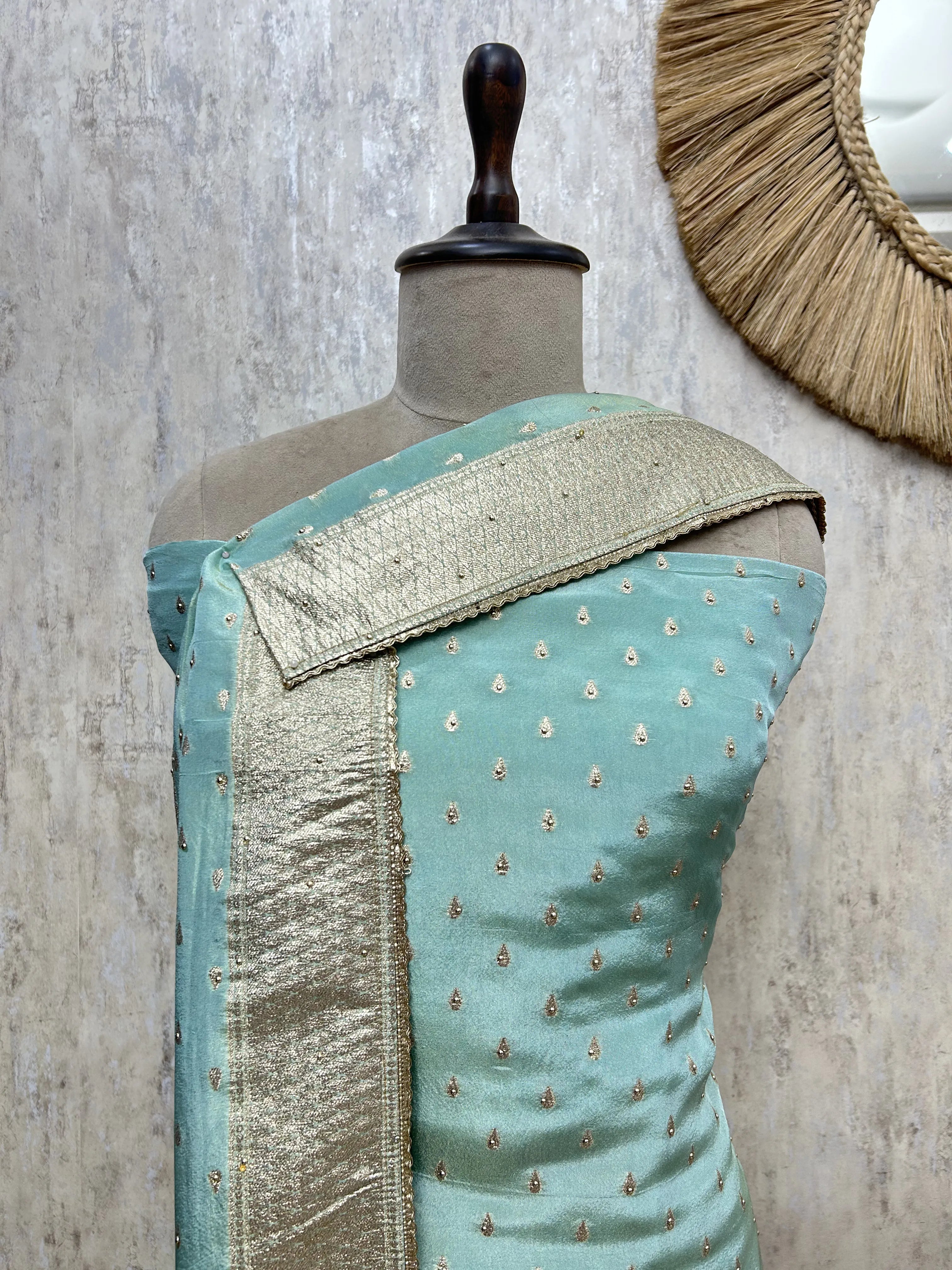 Emerald Silk Elegance Tissue Unstitched Suit