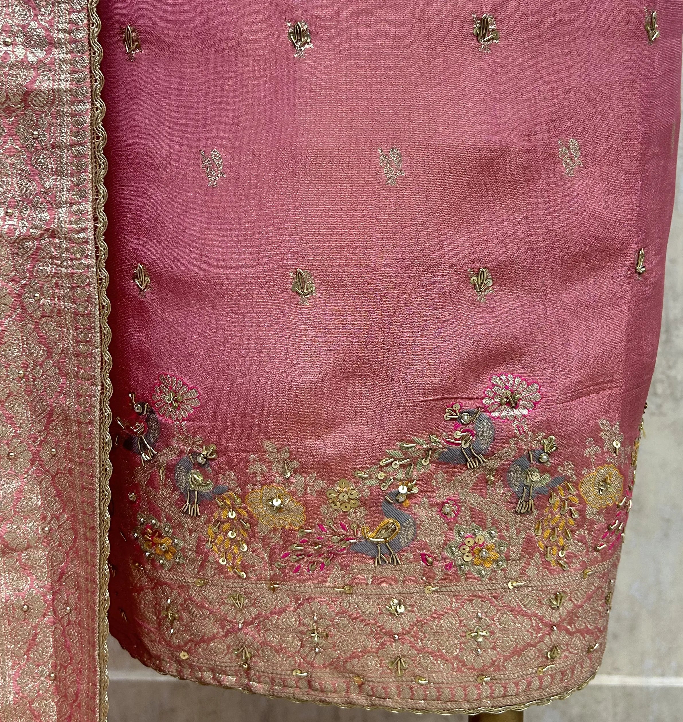 Teal Elegance Drape Tissue Unstitched Suit