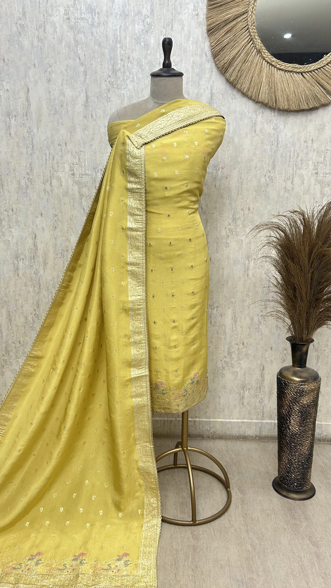 Teal Elegance Drape Tissue Unstitched Suit