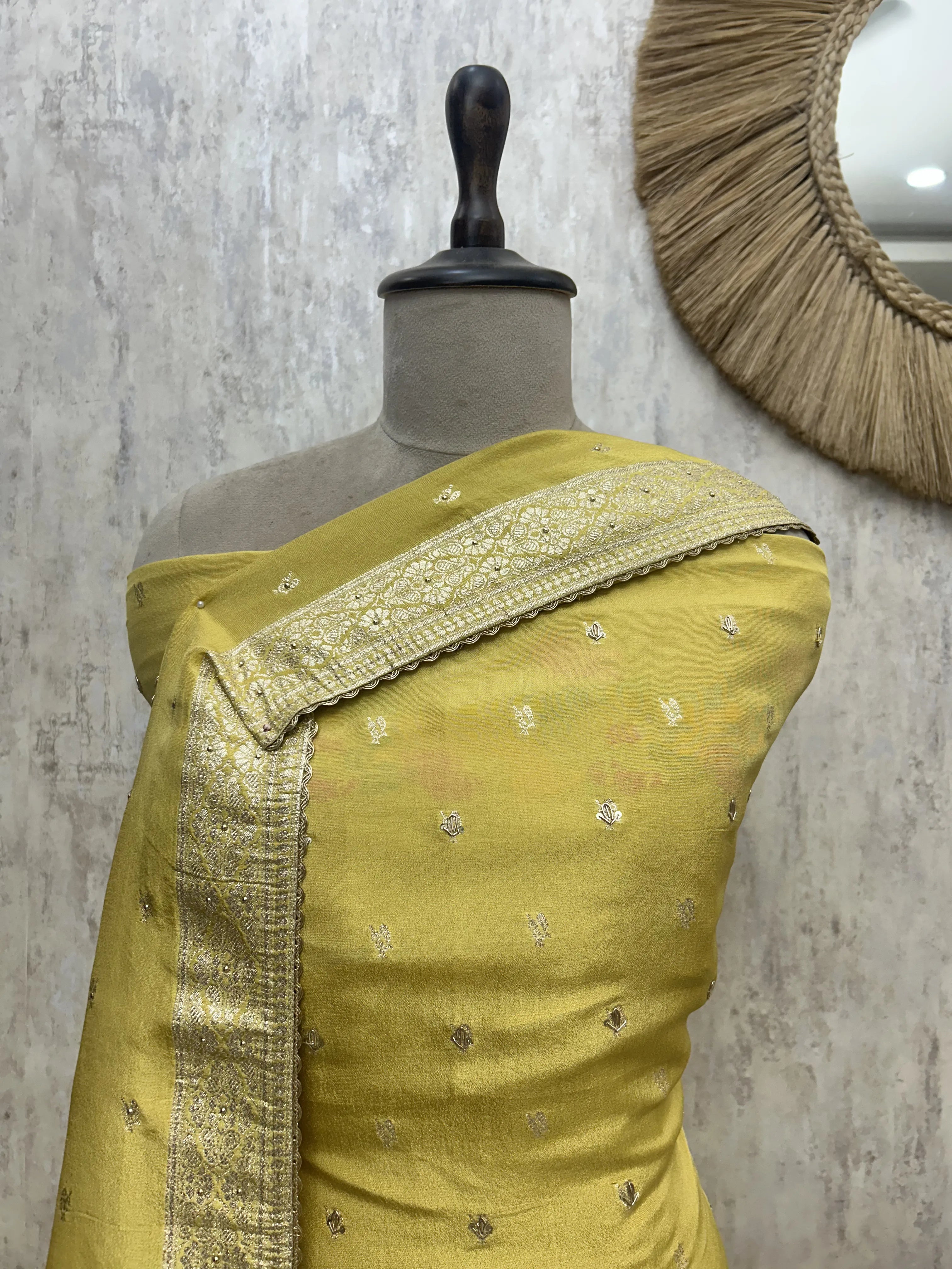 Teal Elegance Drape Tissue Unstitched Suit