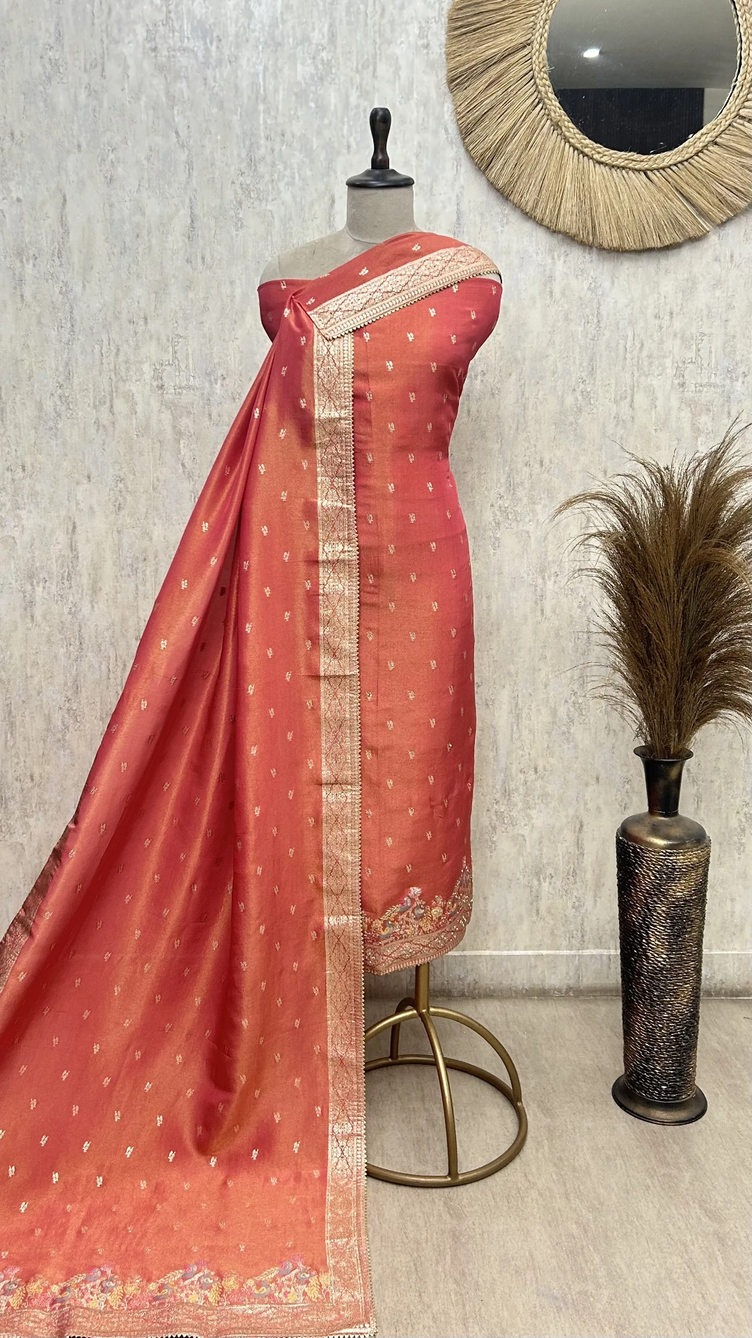 Teal Elegance Drape Tissue Unstitched Suit