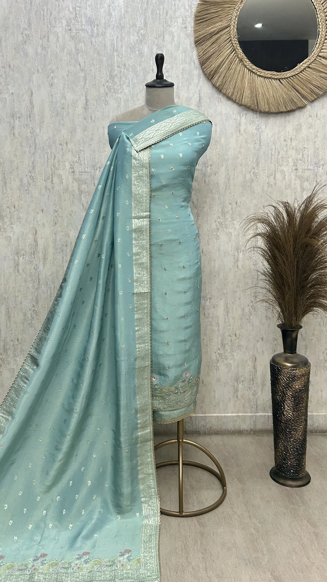 Teal Elegance Drape Tissue Unstitched Suit