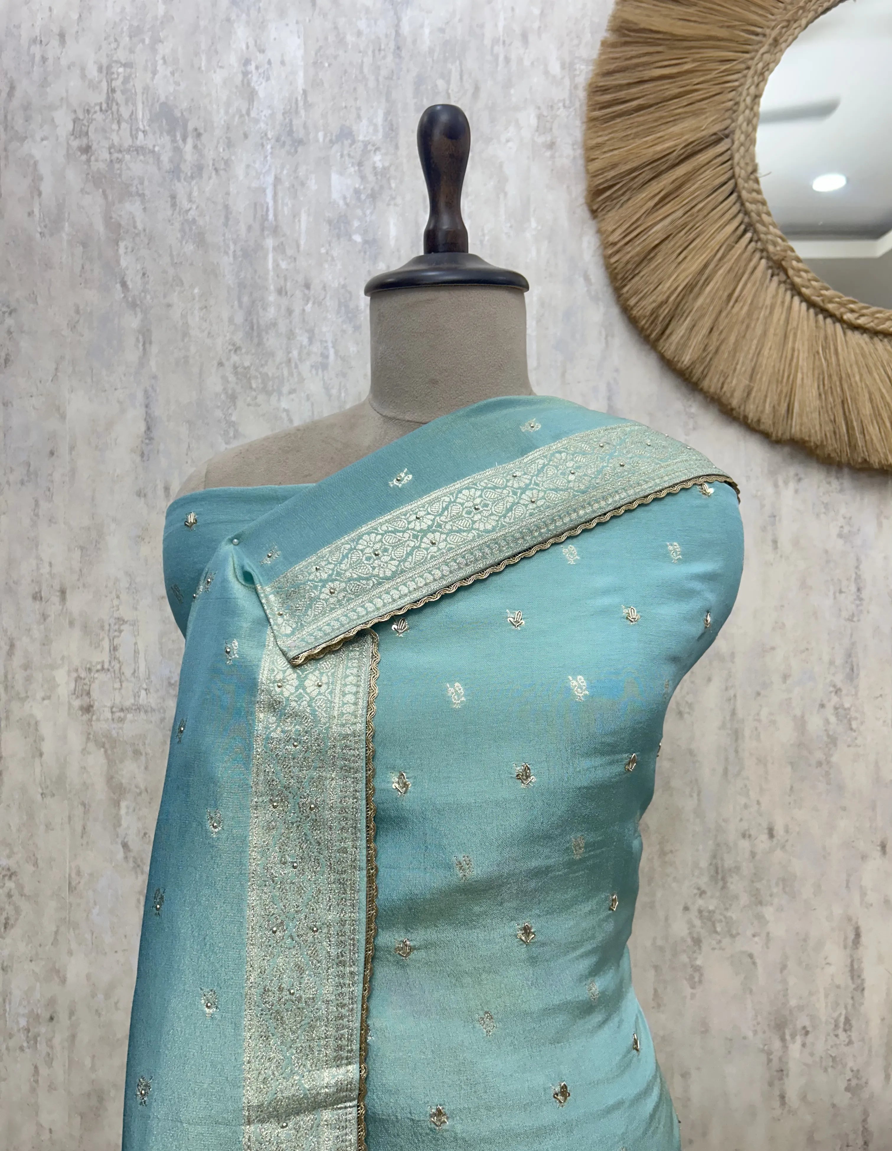 Teal Elegance Drape Tissue Unstitched Suit