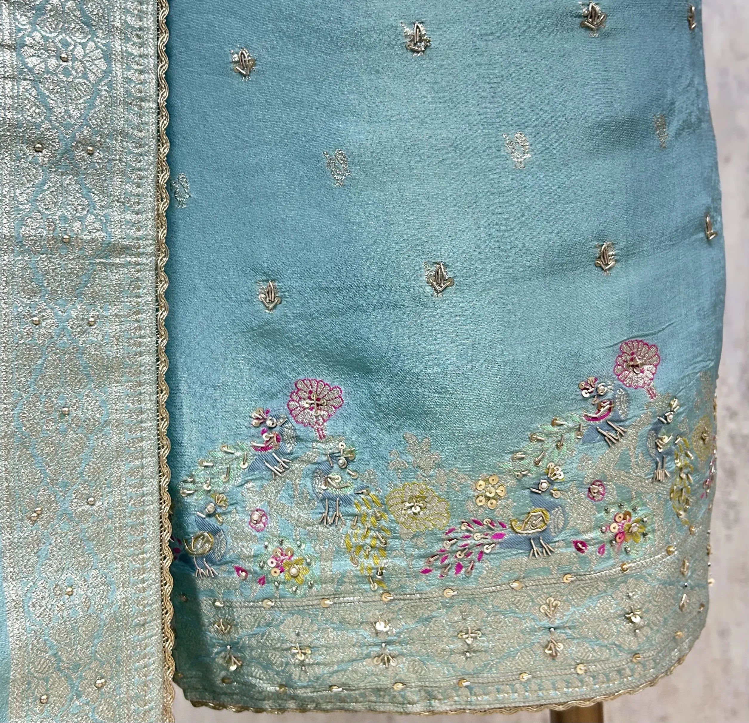 Teal Elegance Drape Tissue Unstitched Suit