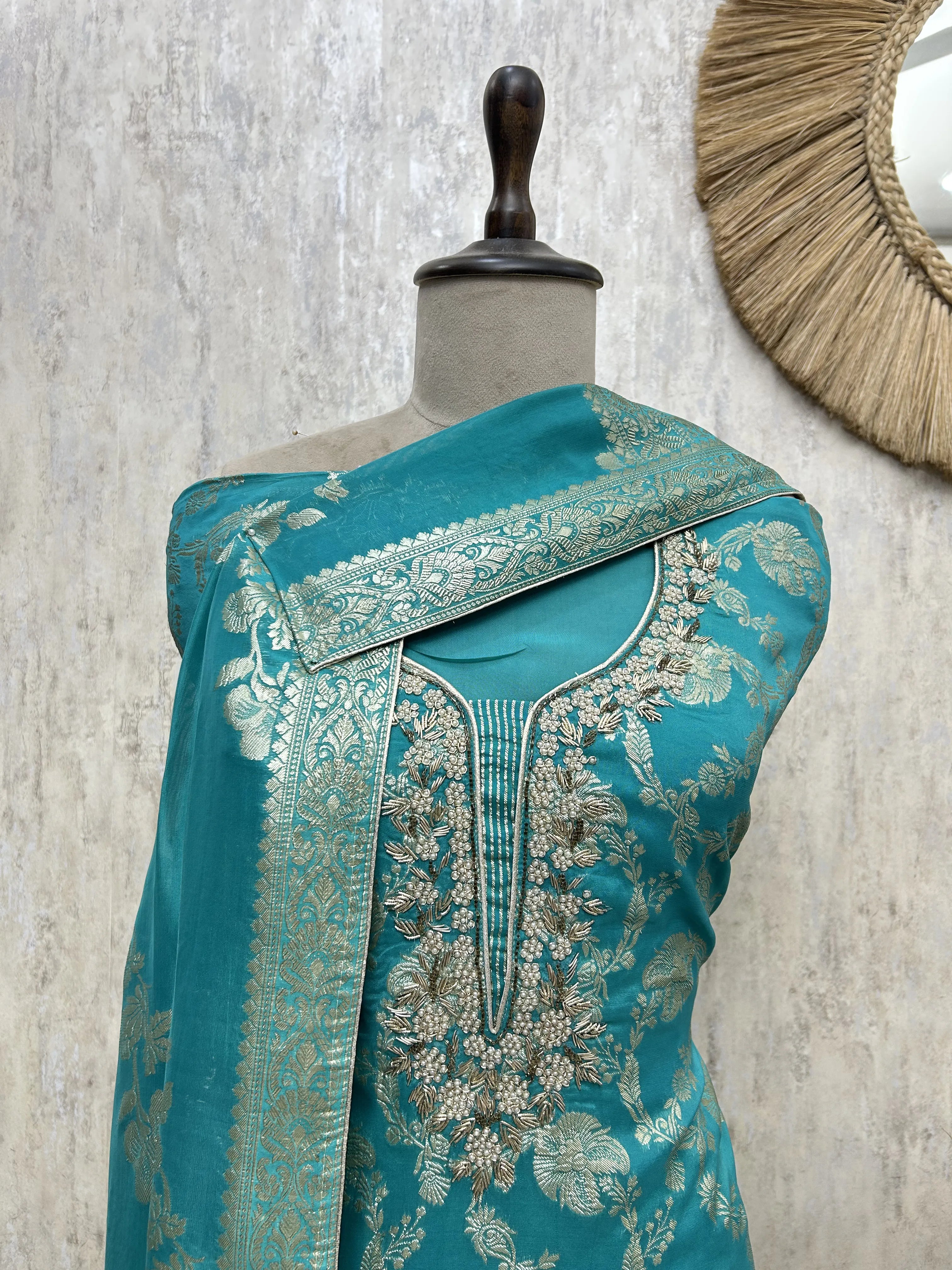 Emerald Floral Elegance Organza Unstitched Suit