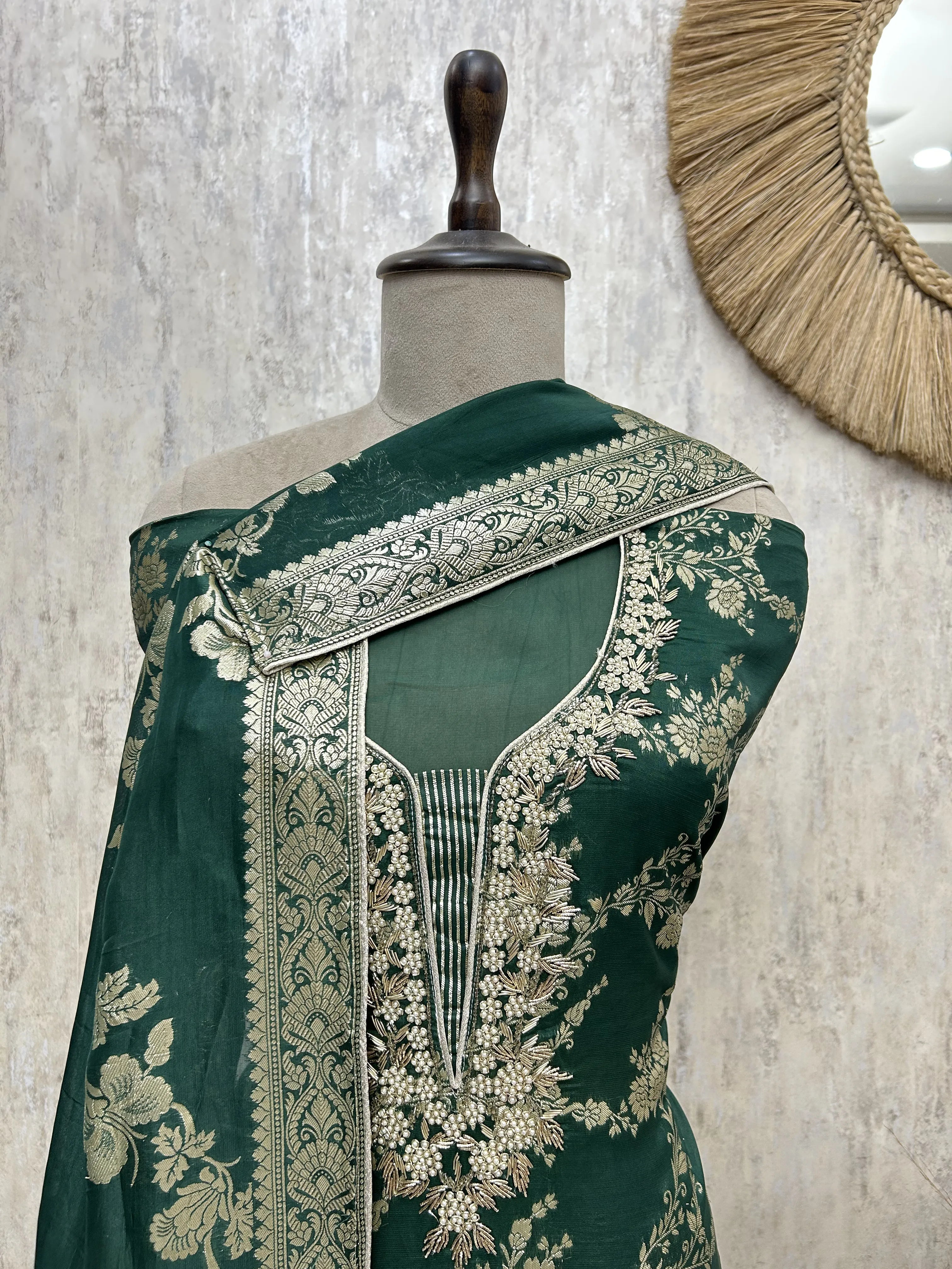 Emerald Floral Elegance Organza Unstitched Suit