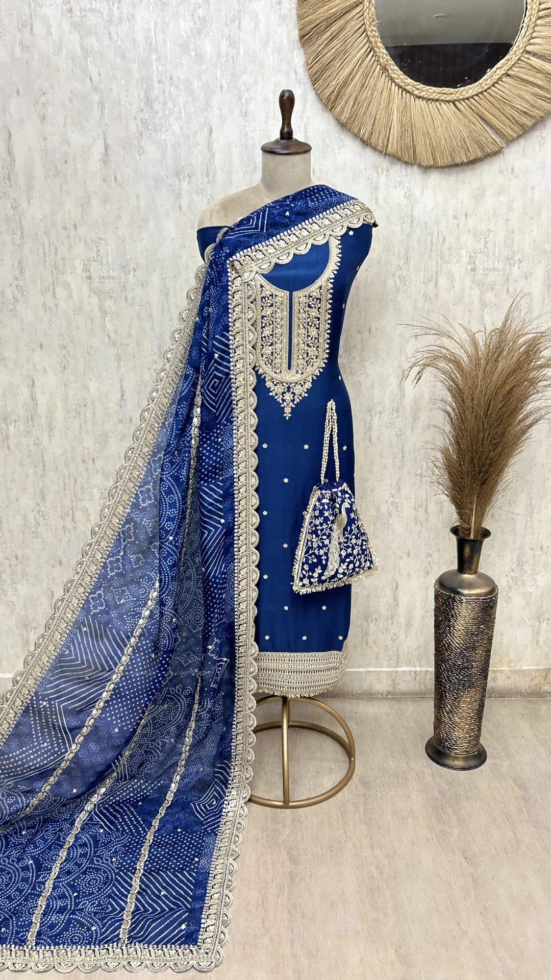 Russian Silk Embroidered Unstitched Suit