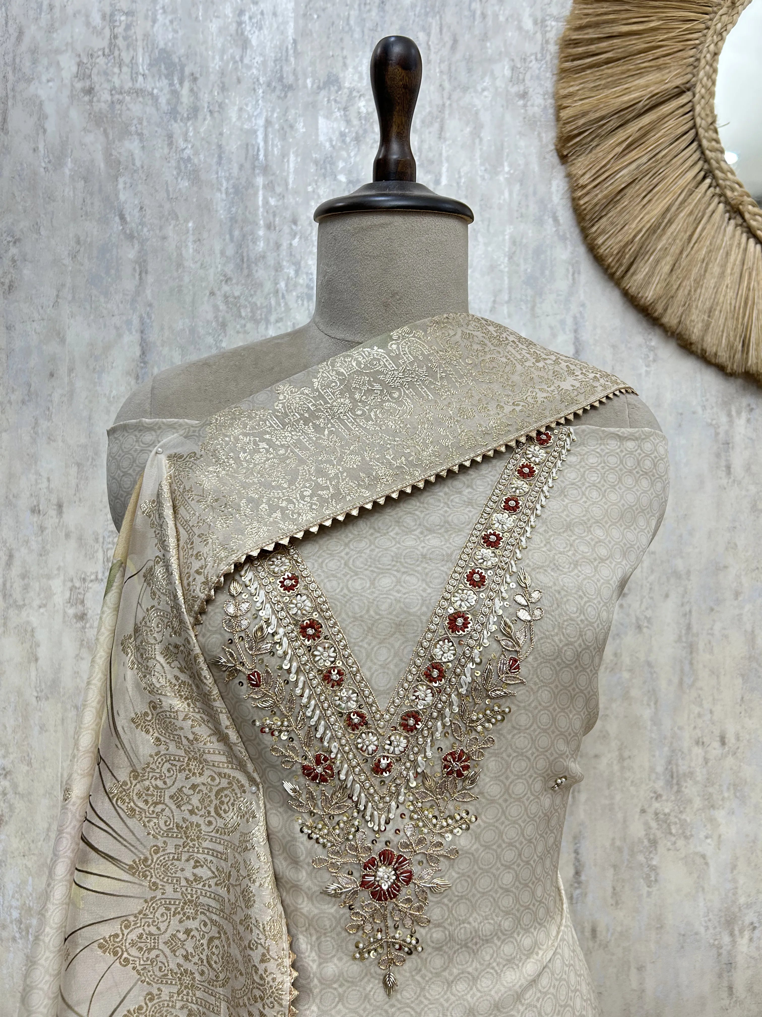 Elegant Embroidered Neckline Organza  Unstiched Suit