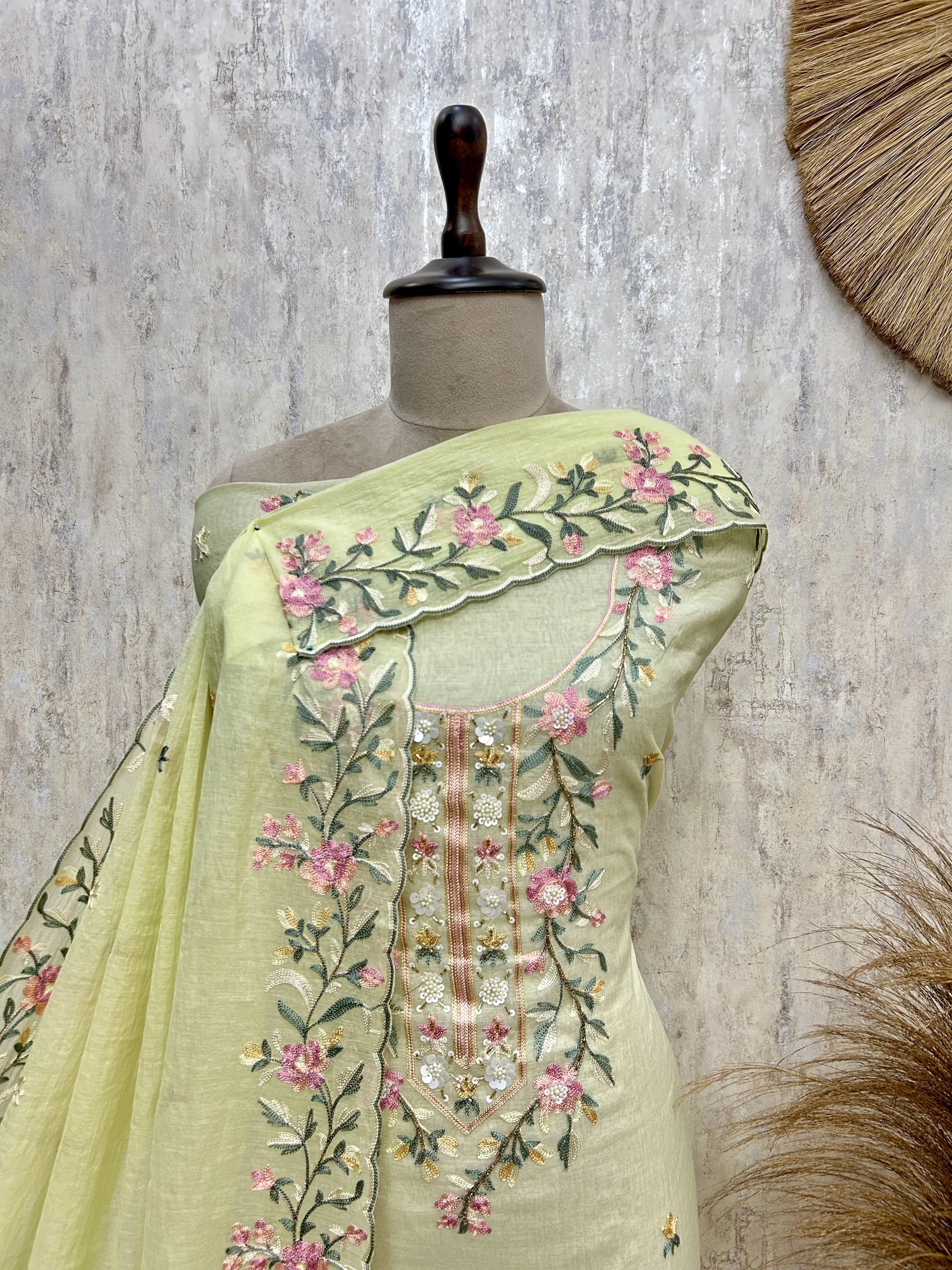 Mint Floral Elegance Mul chanderi Unstitched Suit