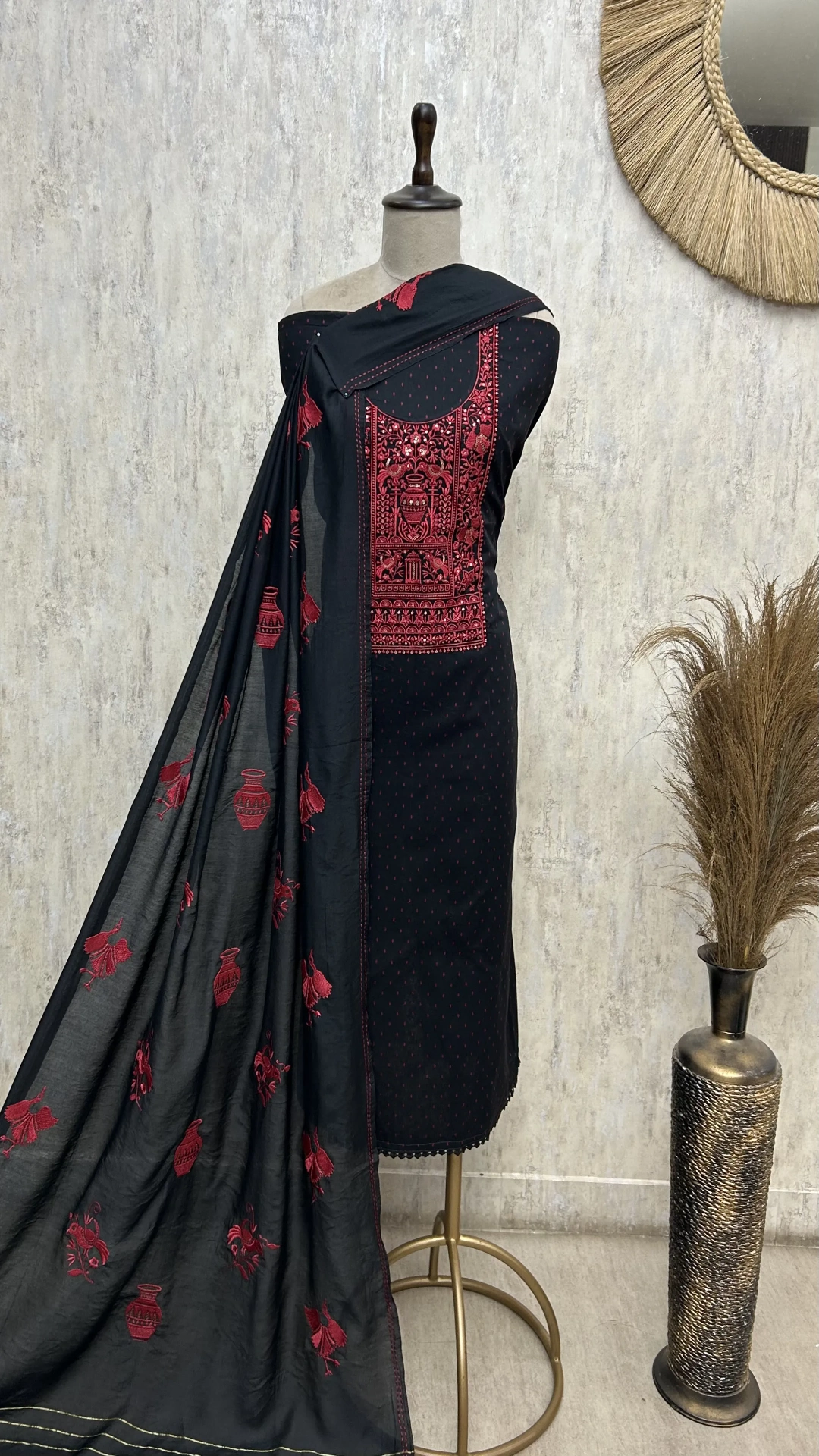 Midnight Red Elegance Cotton Unstitched Suit