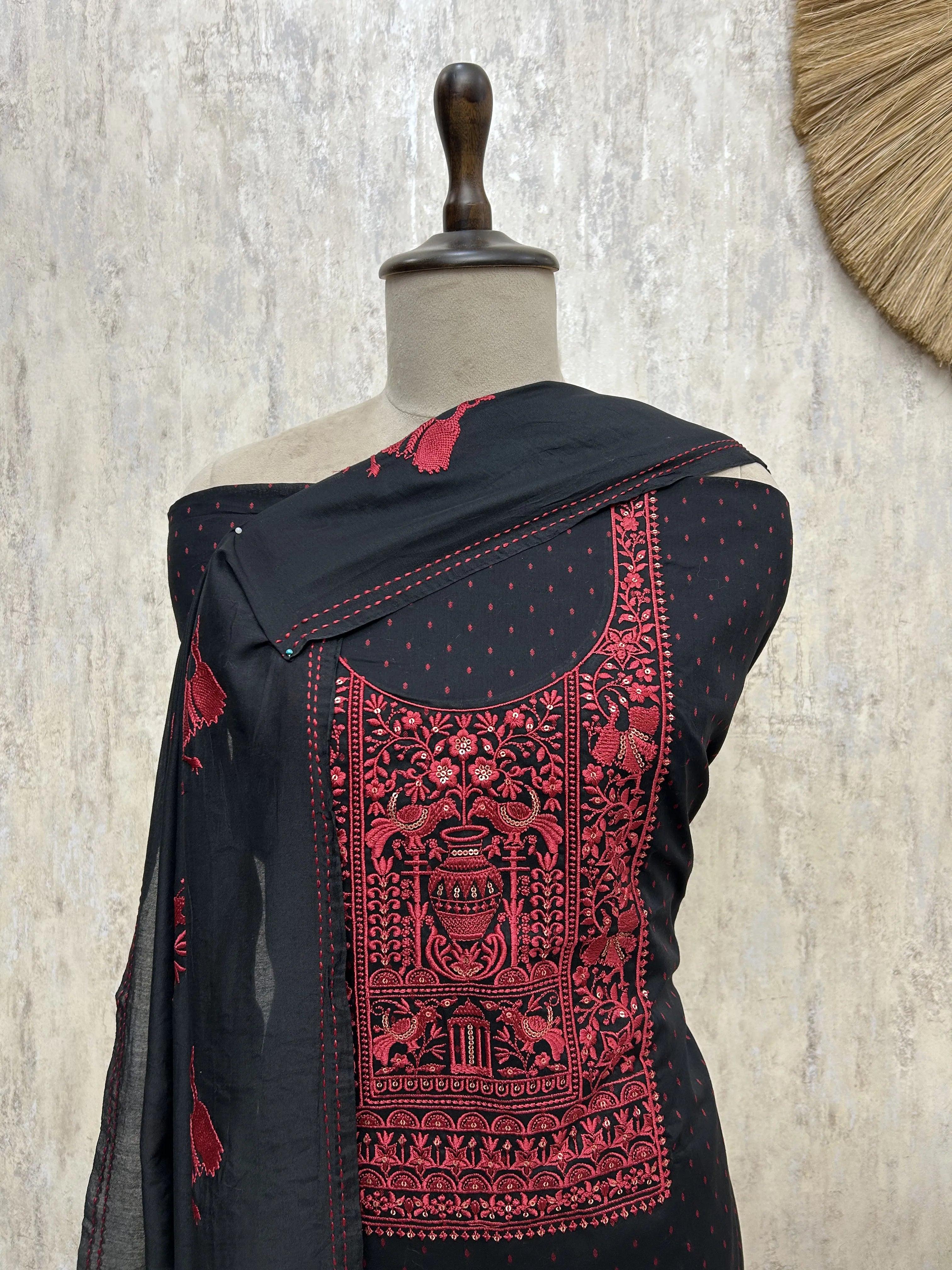 Midnight Red Elegance Cotton Unstitched Suit