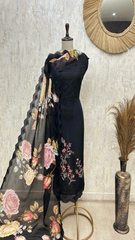 Midnight Floral Lace Elegance Organza Unstitched Suit