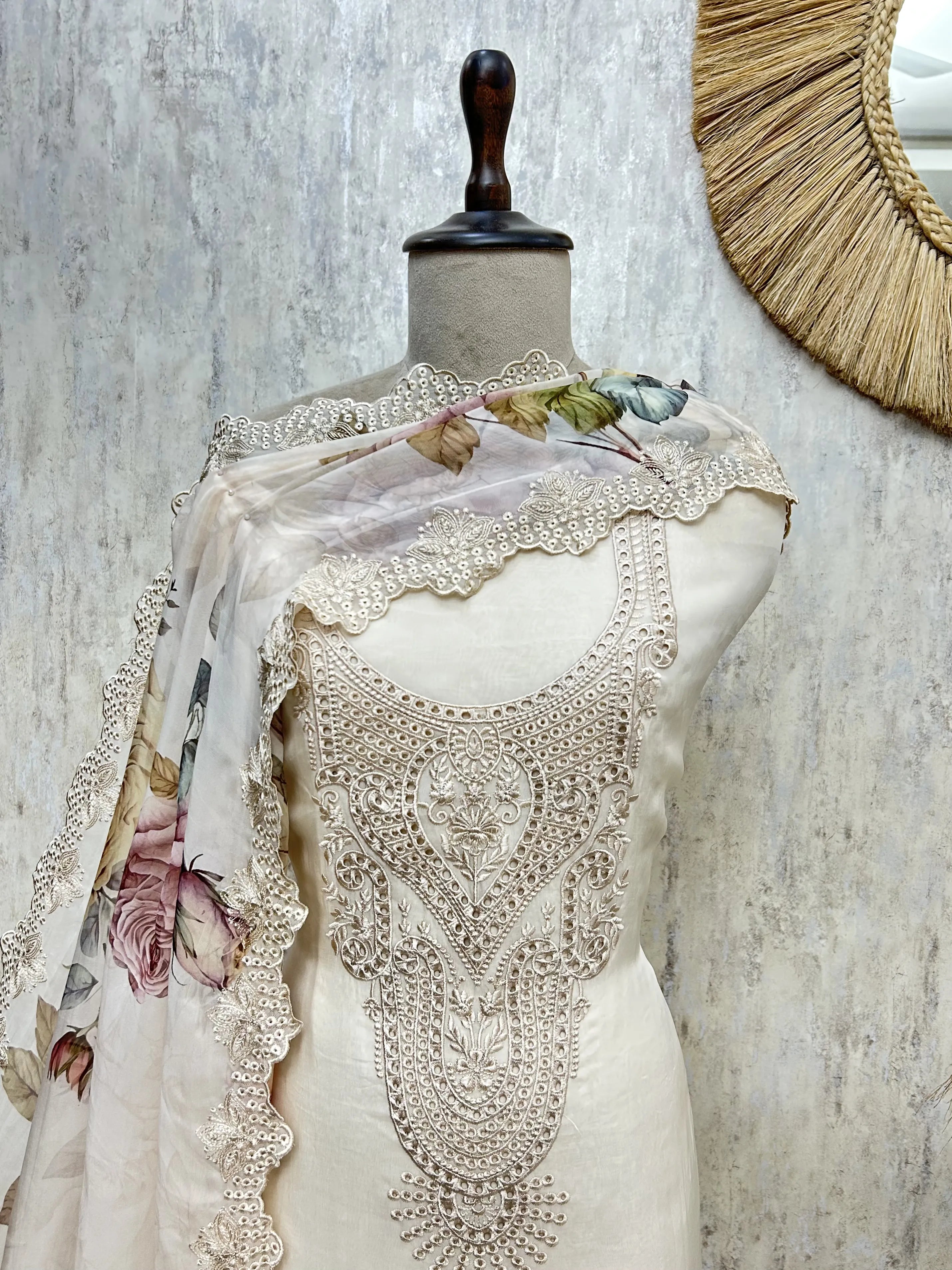 Midnight Floral Lace Elegance Organza Unstitched Suit