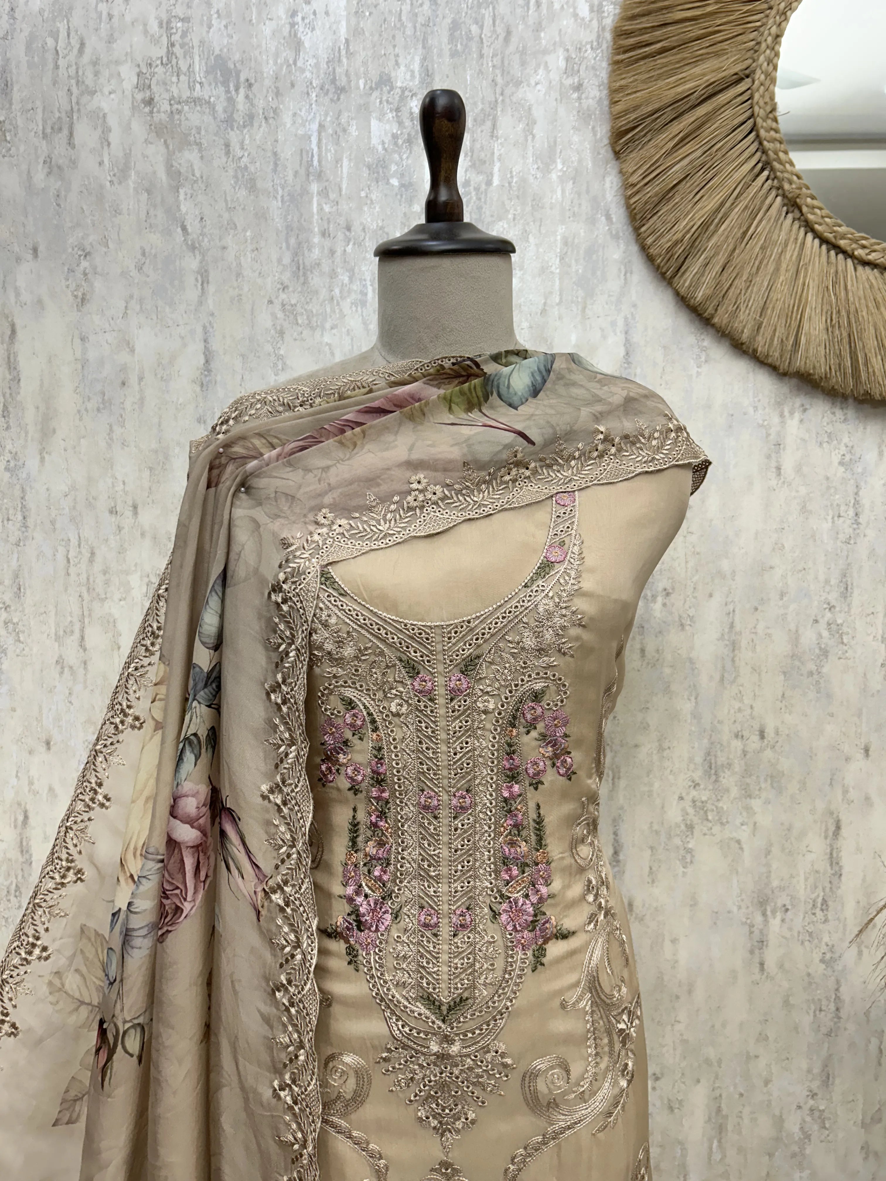 Midnight Floral Lace Elegance Organza Unstitched Suit