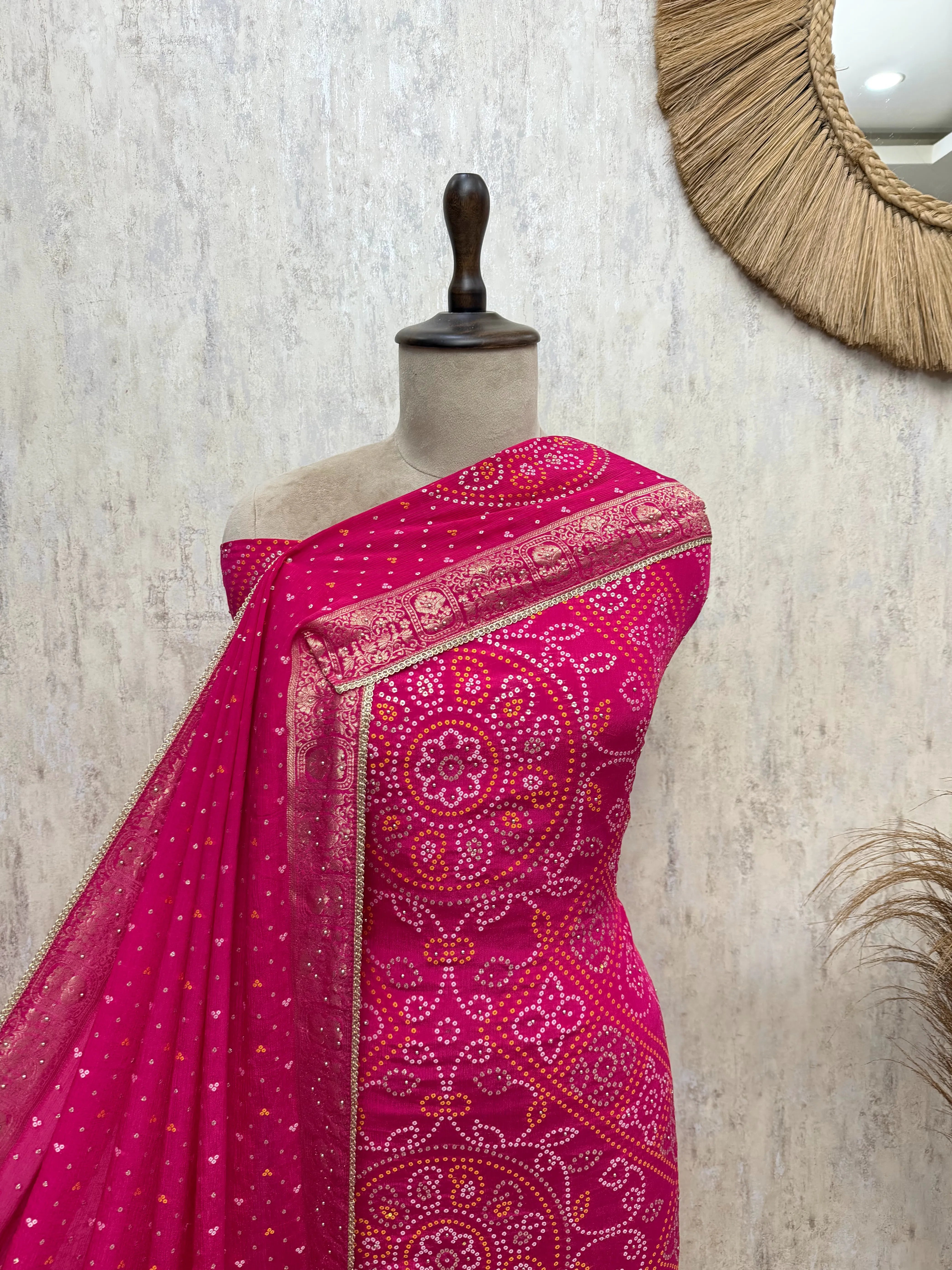 Elegant Bandhani Chinnon Unstitched Suit