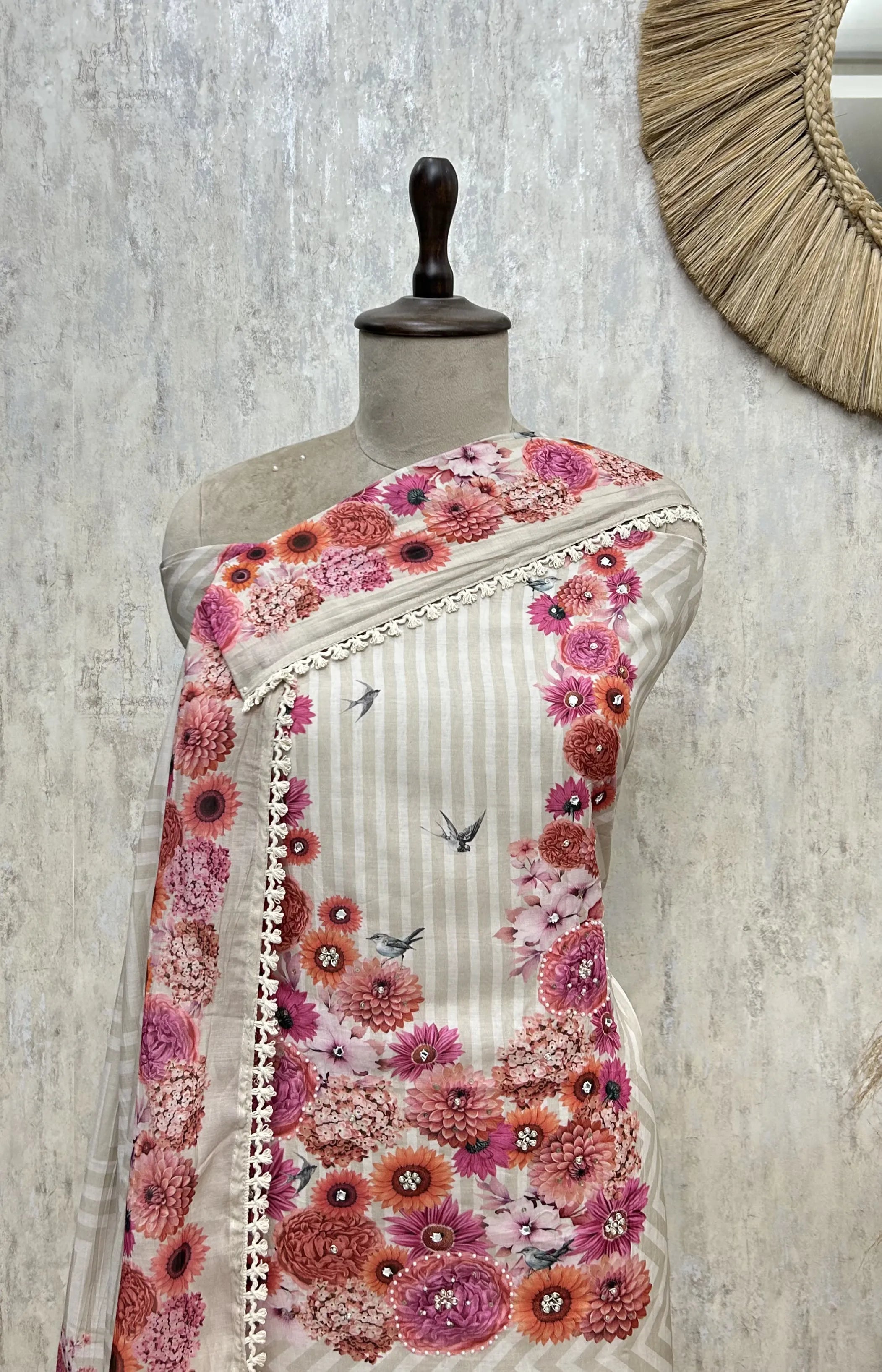 Soft Bloom Stripes Mul chanderi Unstitched Suit