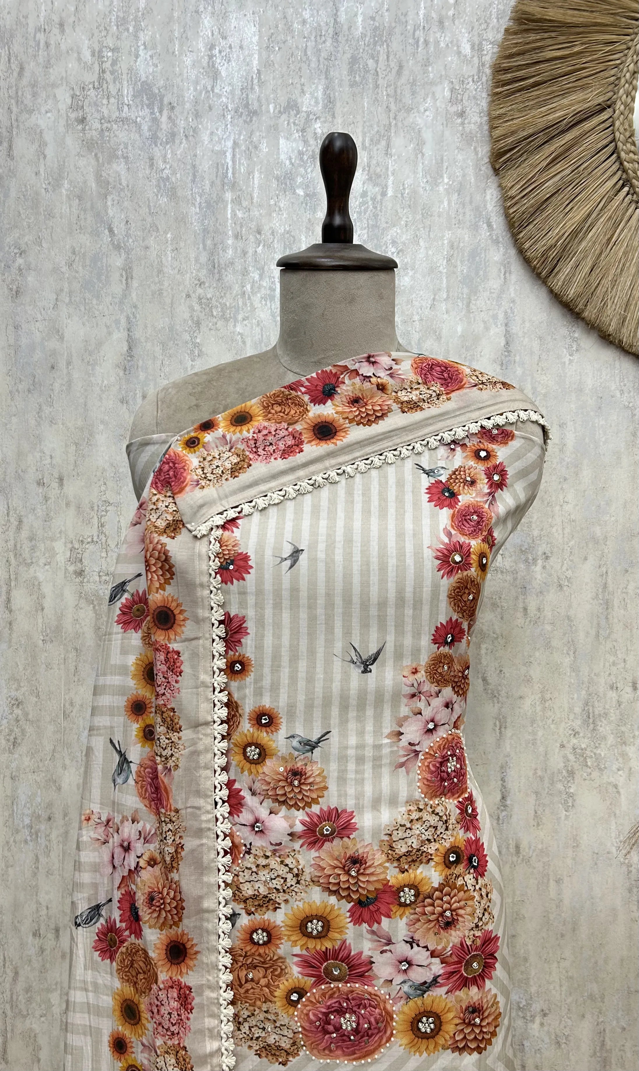 Soft Bloom Stripes Mul chanderi Unstitched Suit