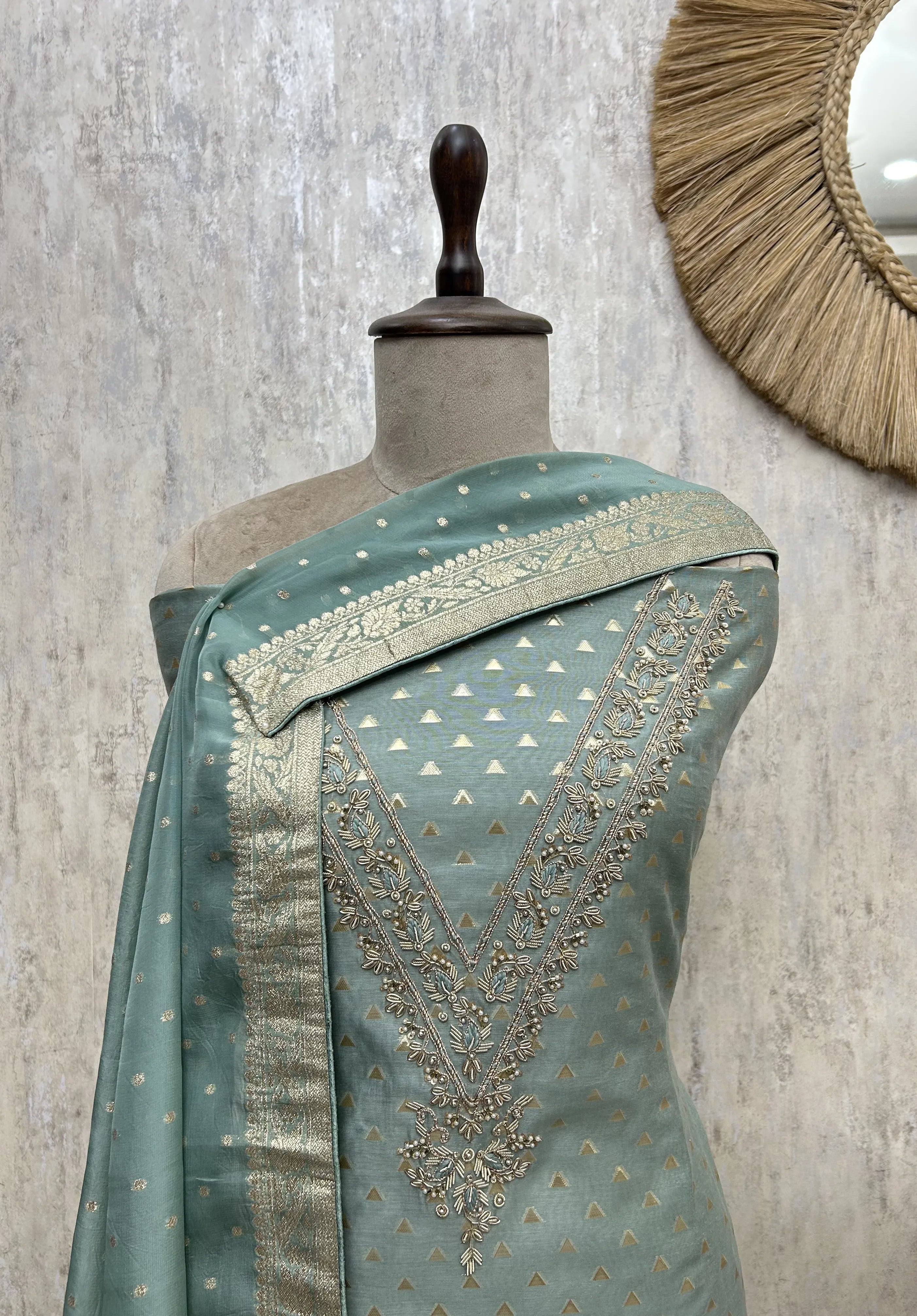 Mint Zari Elegance Maheshwari Unstitched Suit