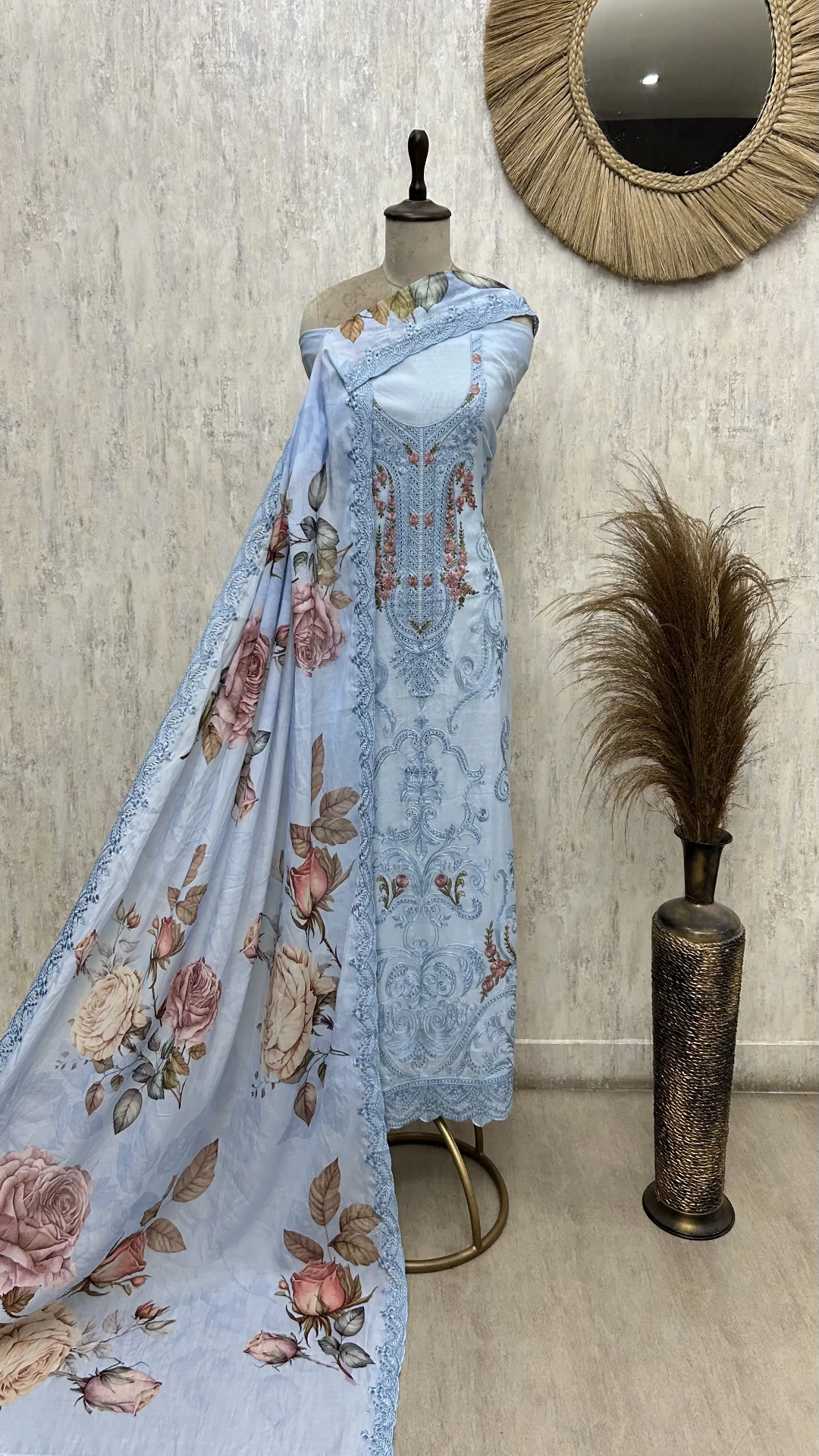 Sky Bloom Mul Elegance Unstitched Suit