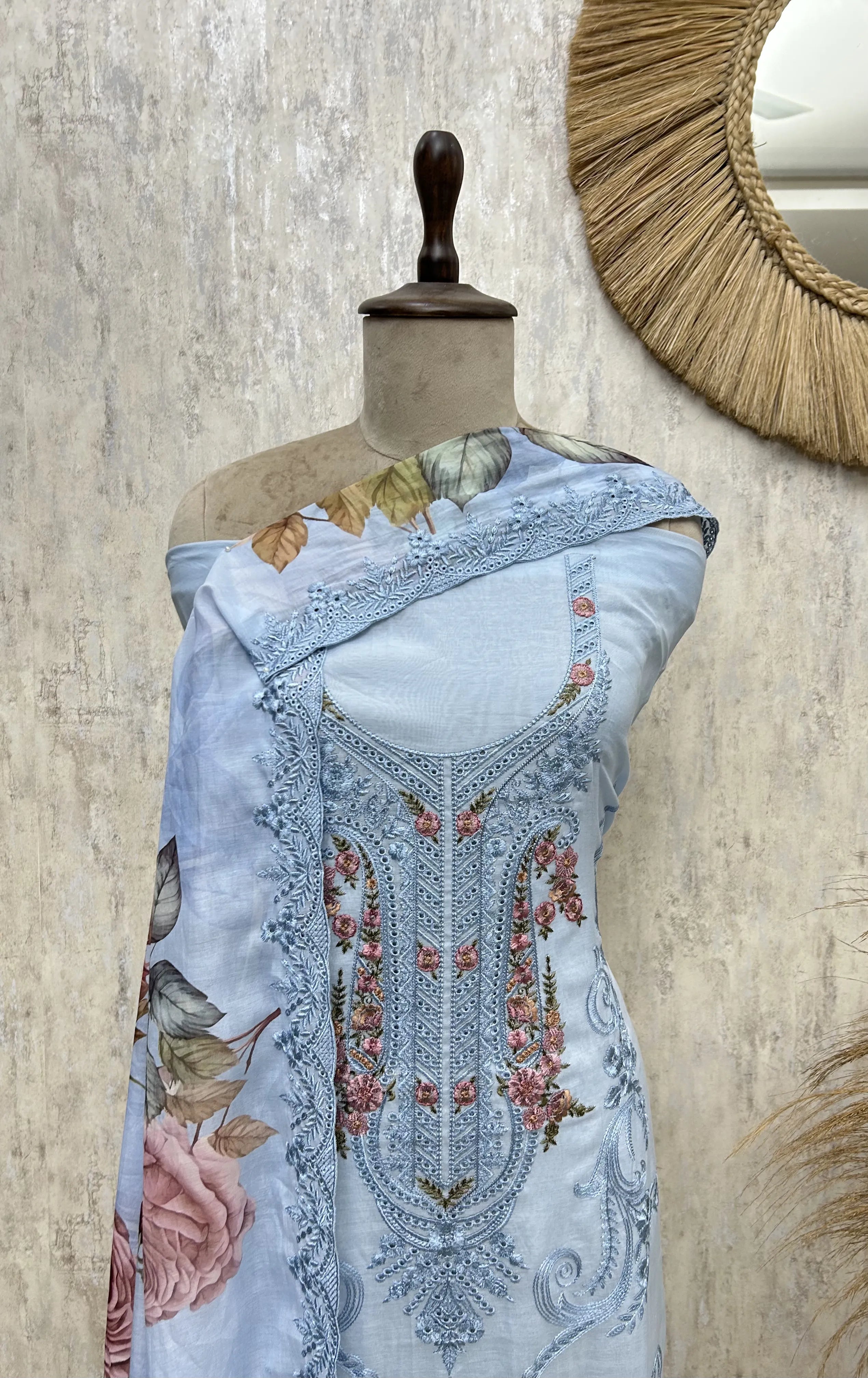 Sky Bloom Mul Elegance Unstitched Suit