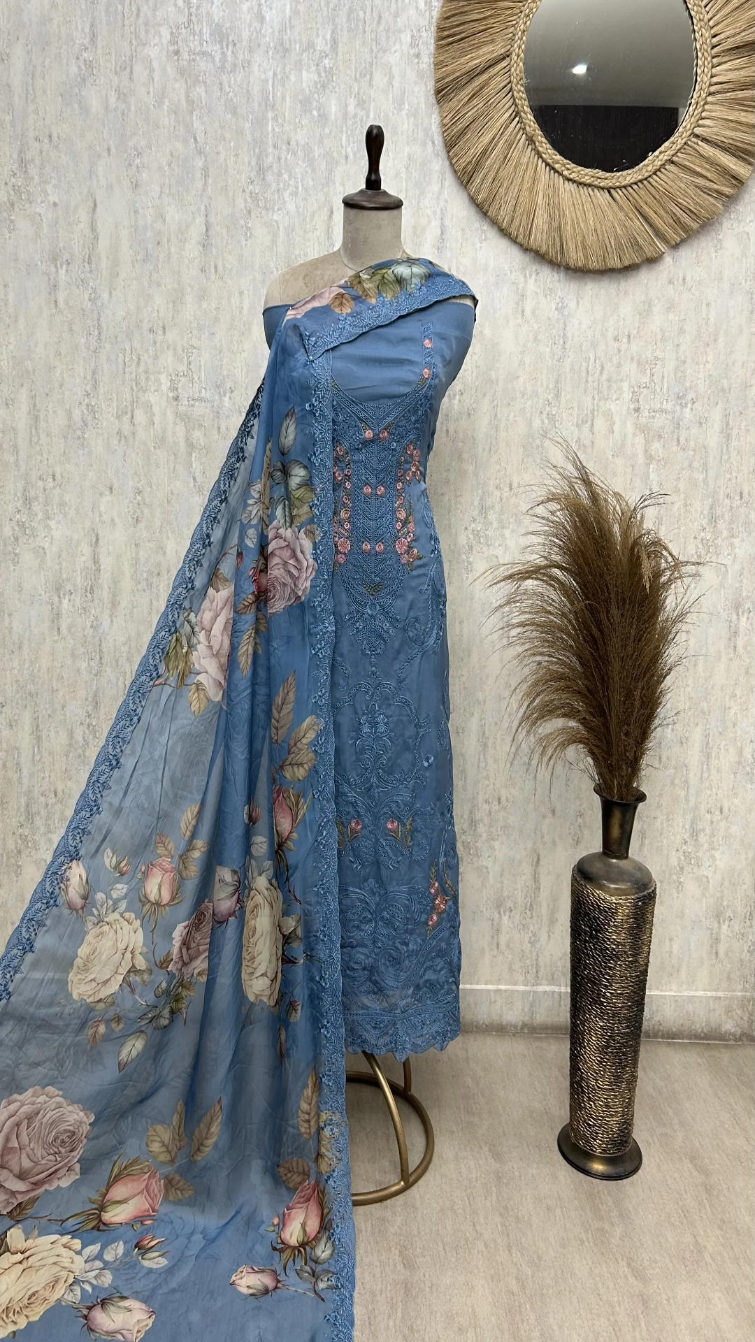 Midnight Floral Lace Elegance Organza Unstitched Suit