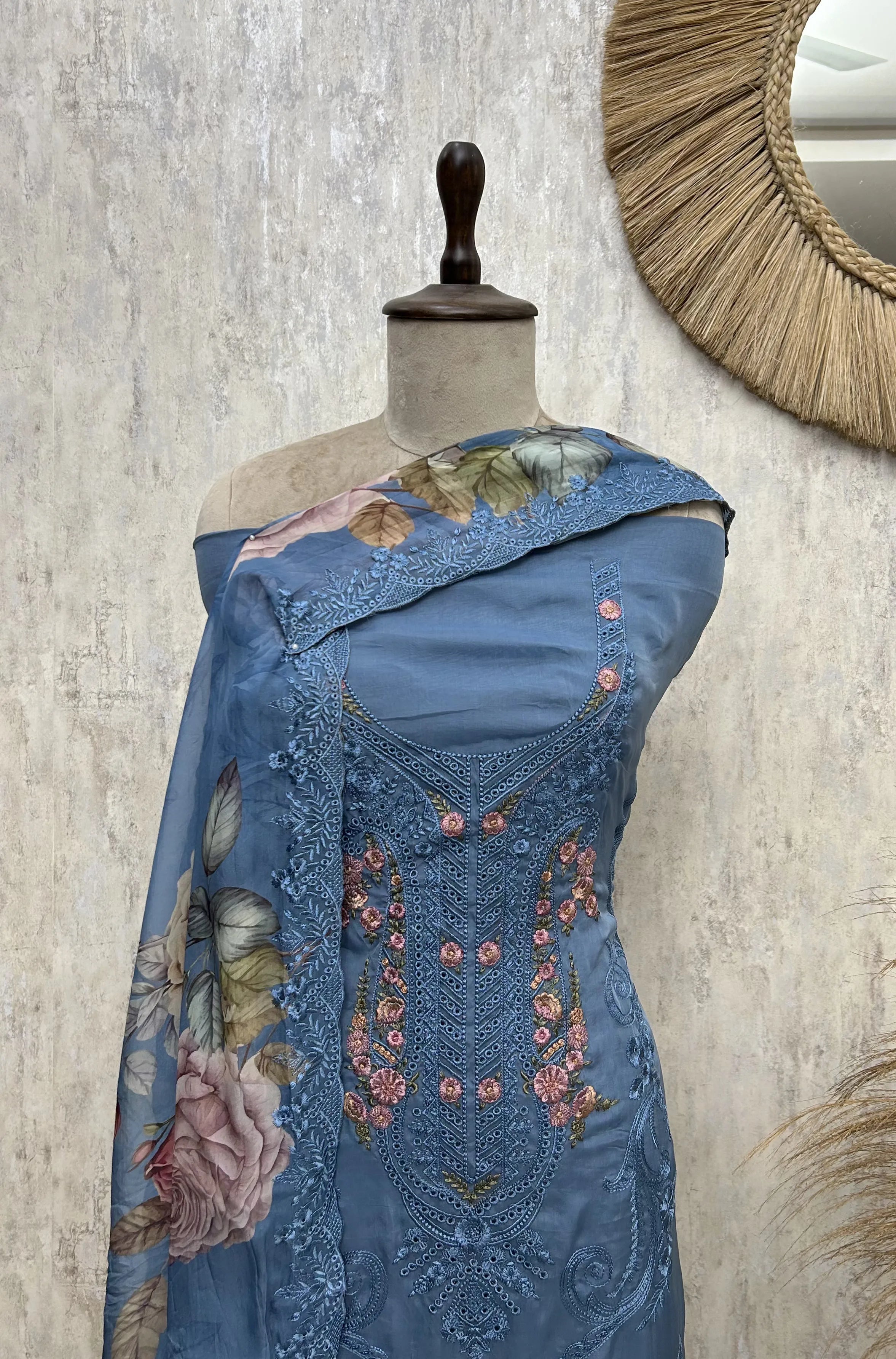 Midnight Floral Lace Elegance Organza Unstitched Suit