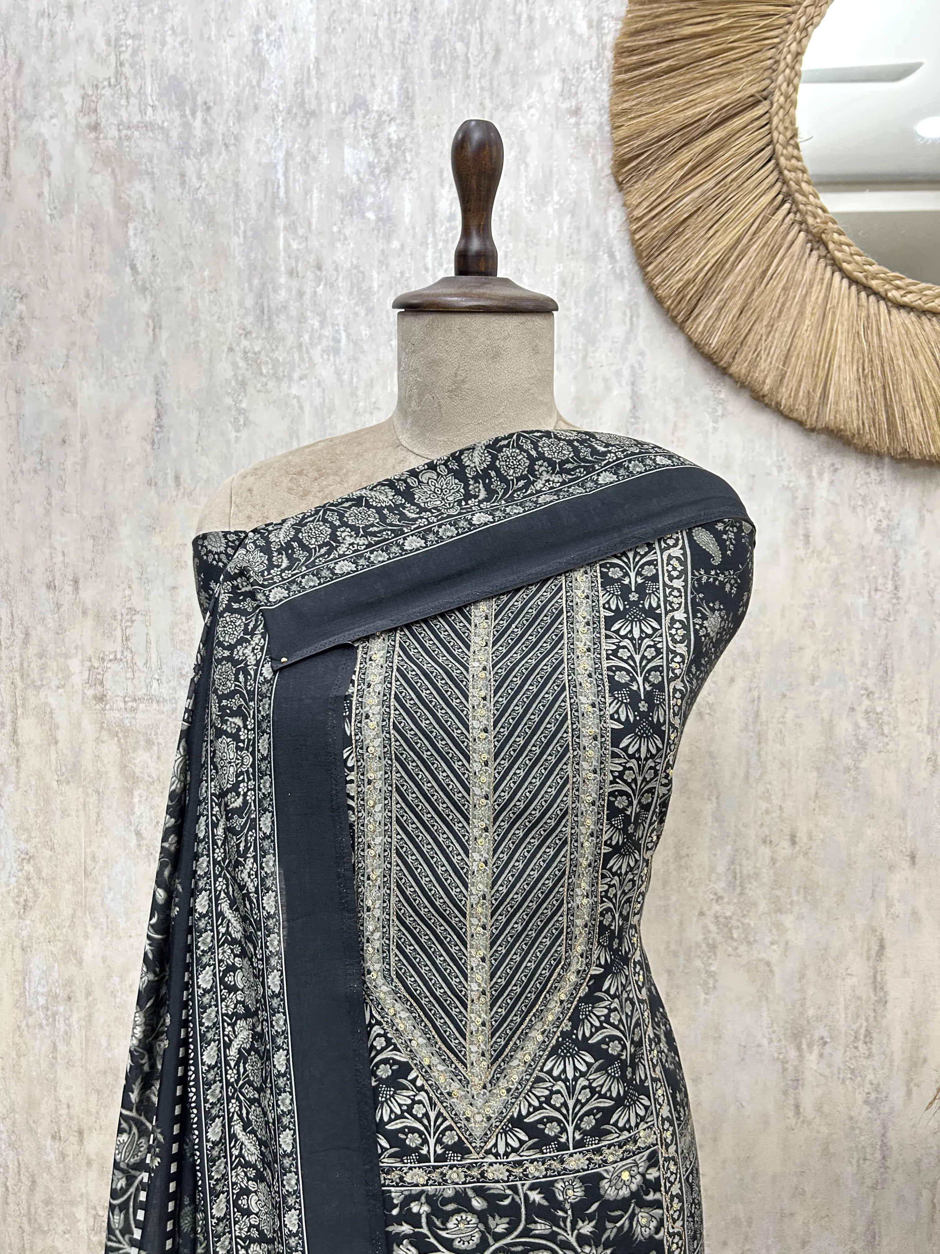 Midnight Floral Print Muslin Unstitched Suit
