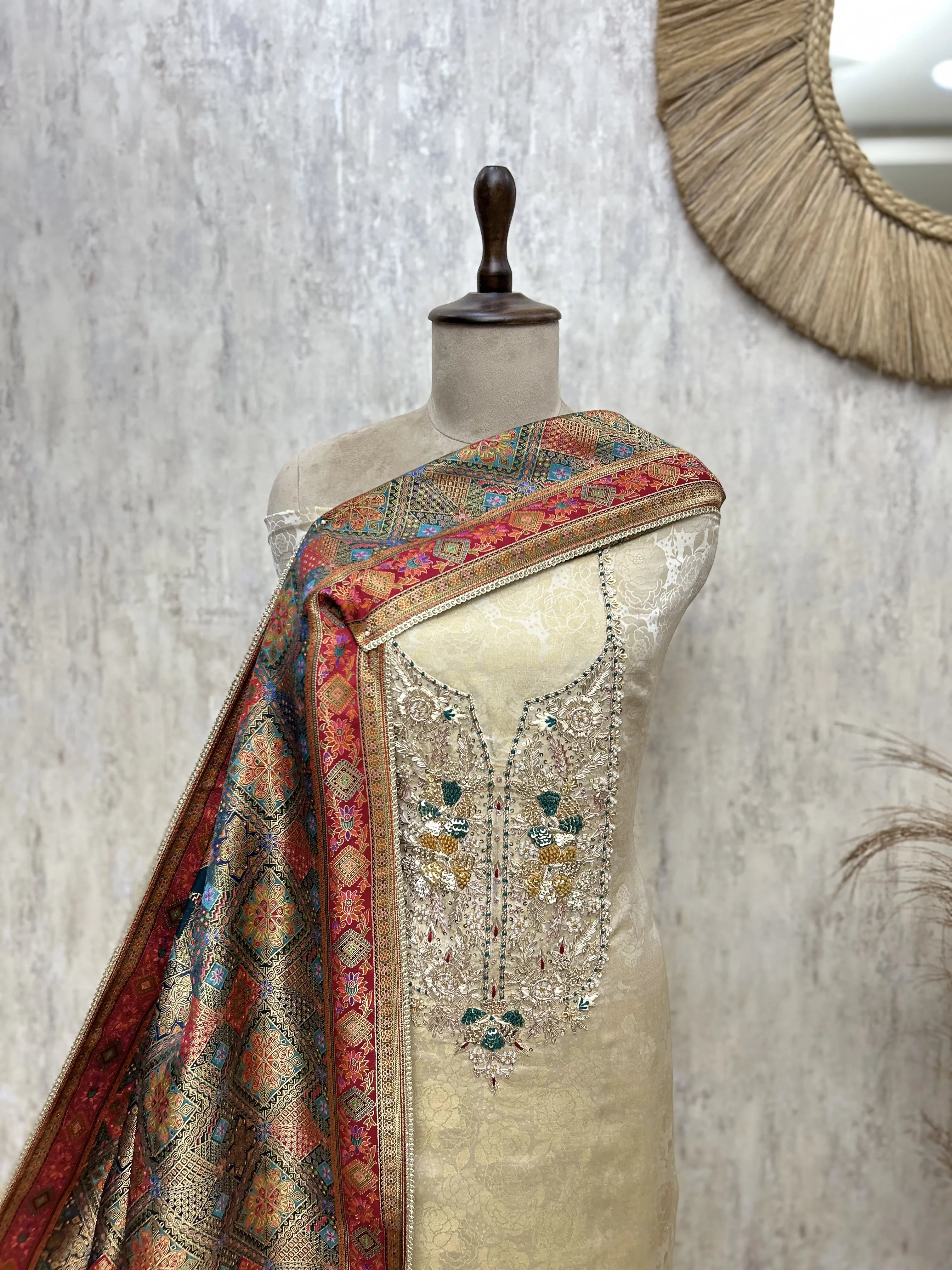 Regalia Cream Tissue Silk Unstitched Suit